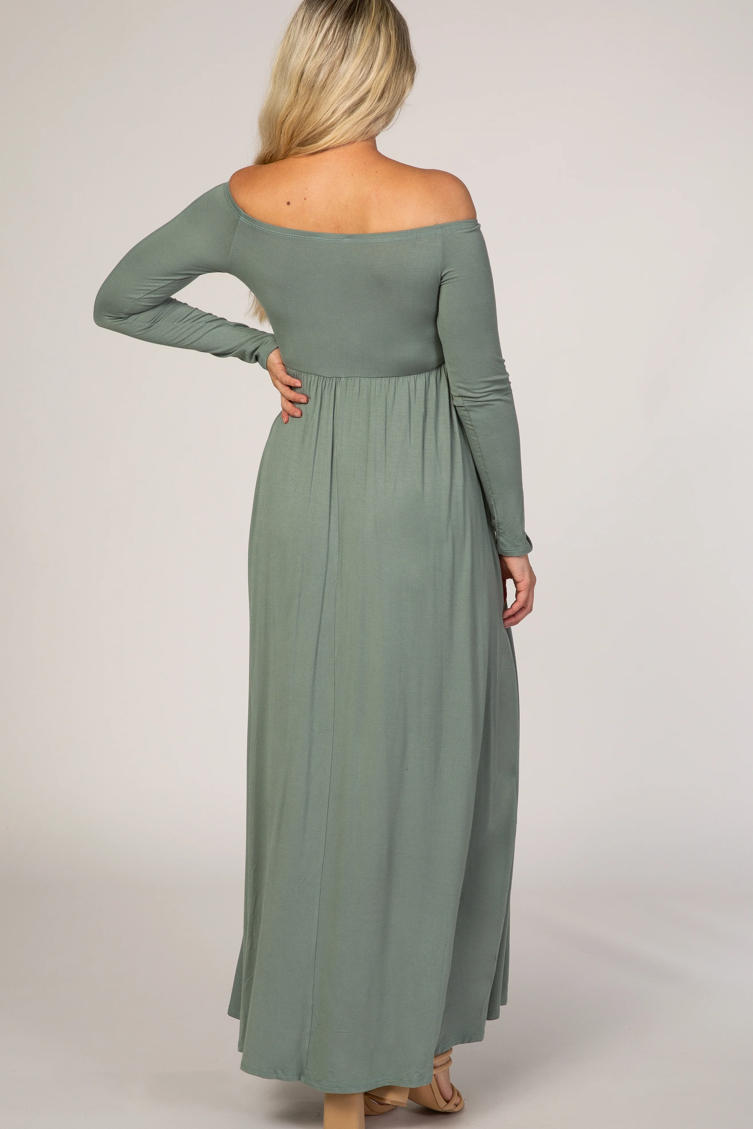 Sage Off Shoulder Long Sleeve Maternity Maxi Dress - Image 3