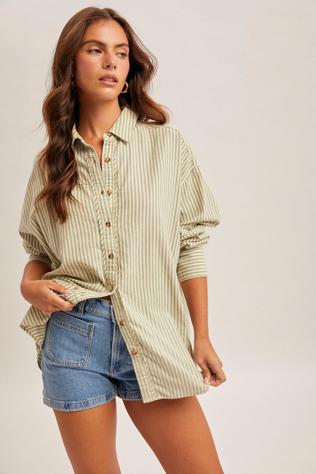 Sage Oversized Striped Button Down Long Sleeve Maternity Shirt - Image 5