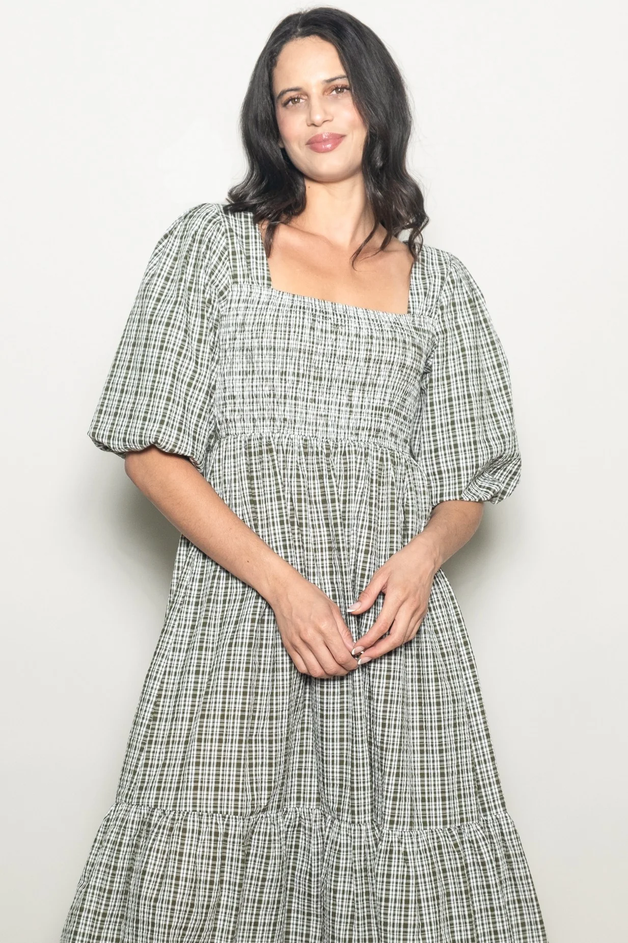 Sage Plaid Bubble Sleeve Dress - Image 4