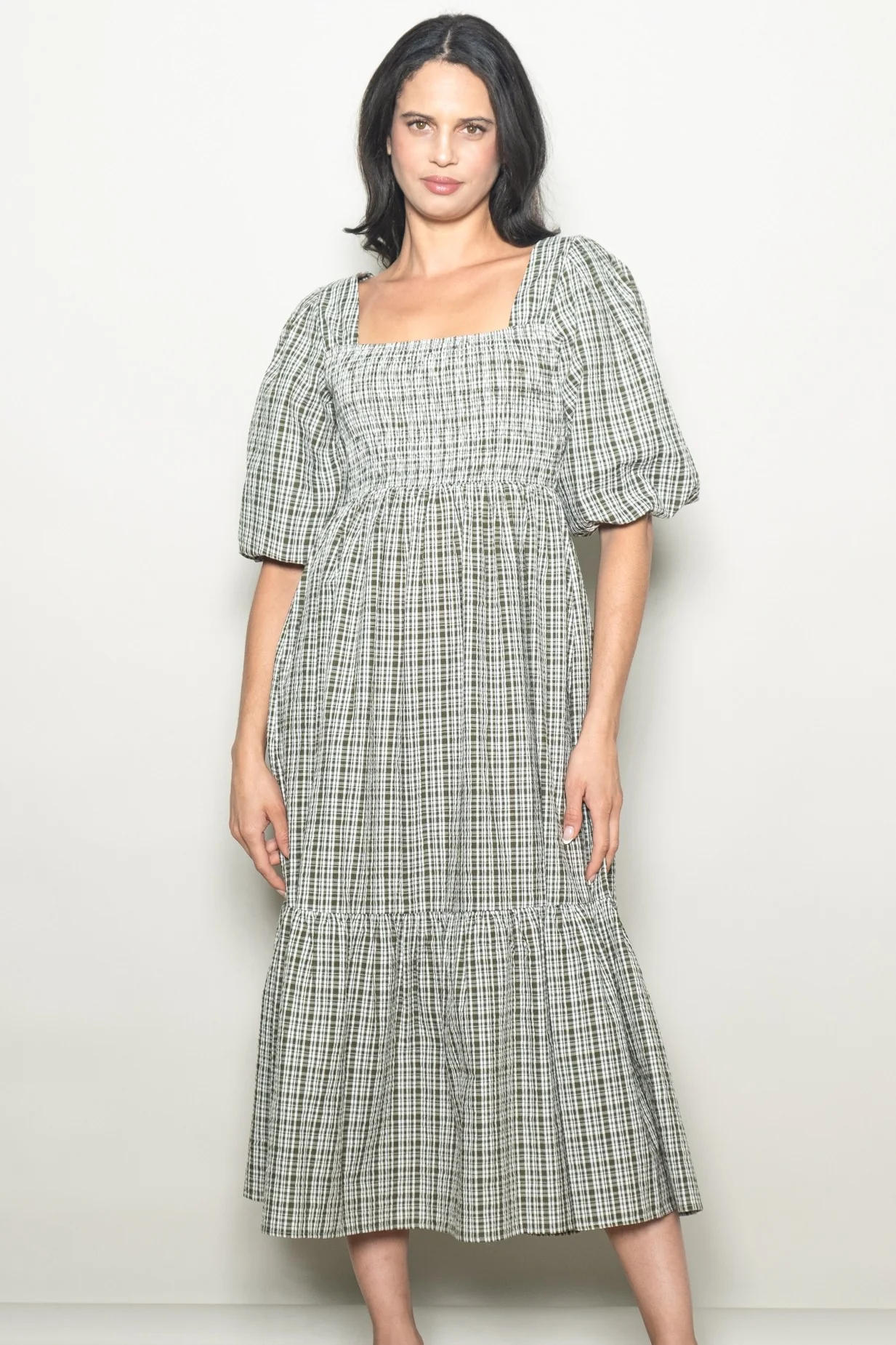 Sage Plaid Bubble Sleeve Maternity Dress - Image 5
