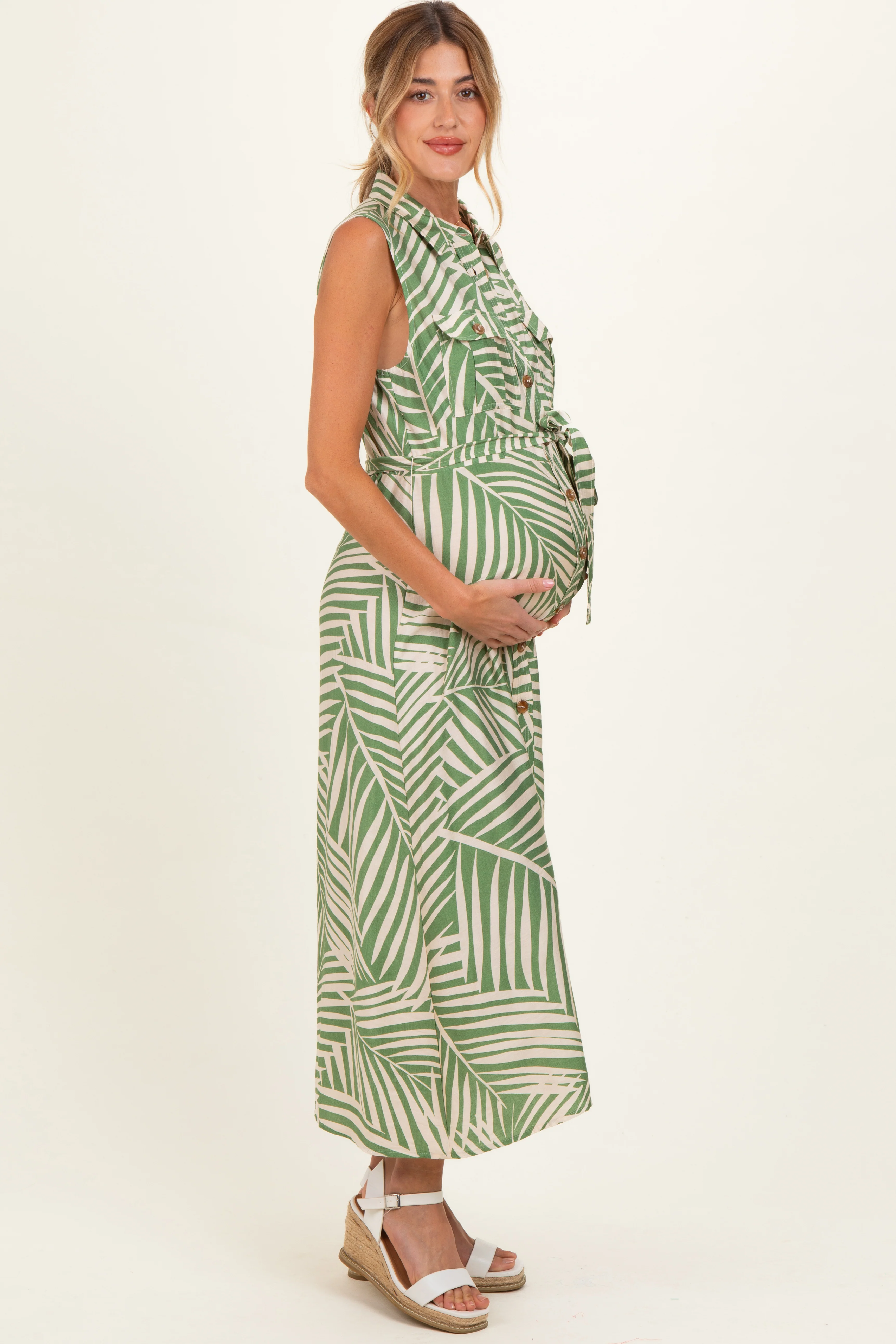 Sage Printed Sleeveless Maternity Maxi Shirt Dress - Image 2