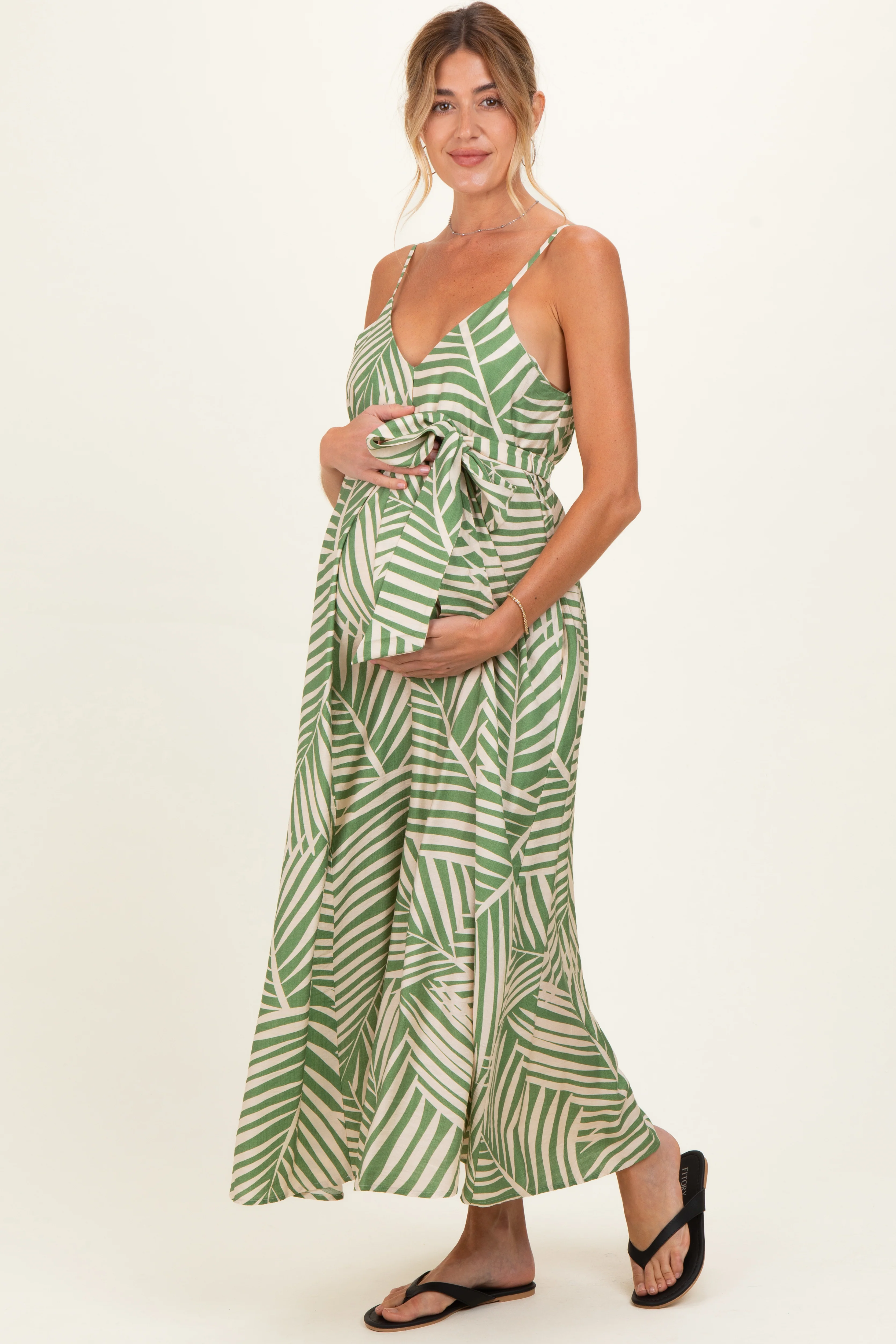 Sage Printed Waist Tie Maternity Maxi Dress - Image 3