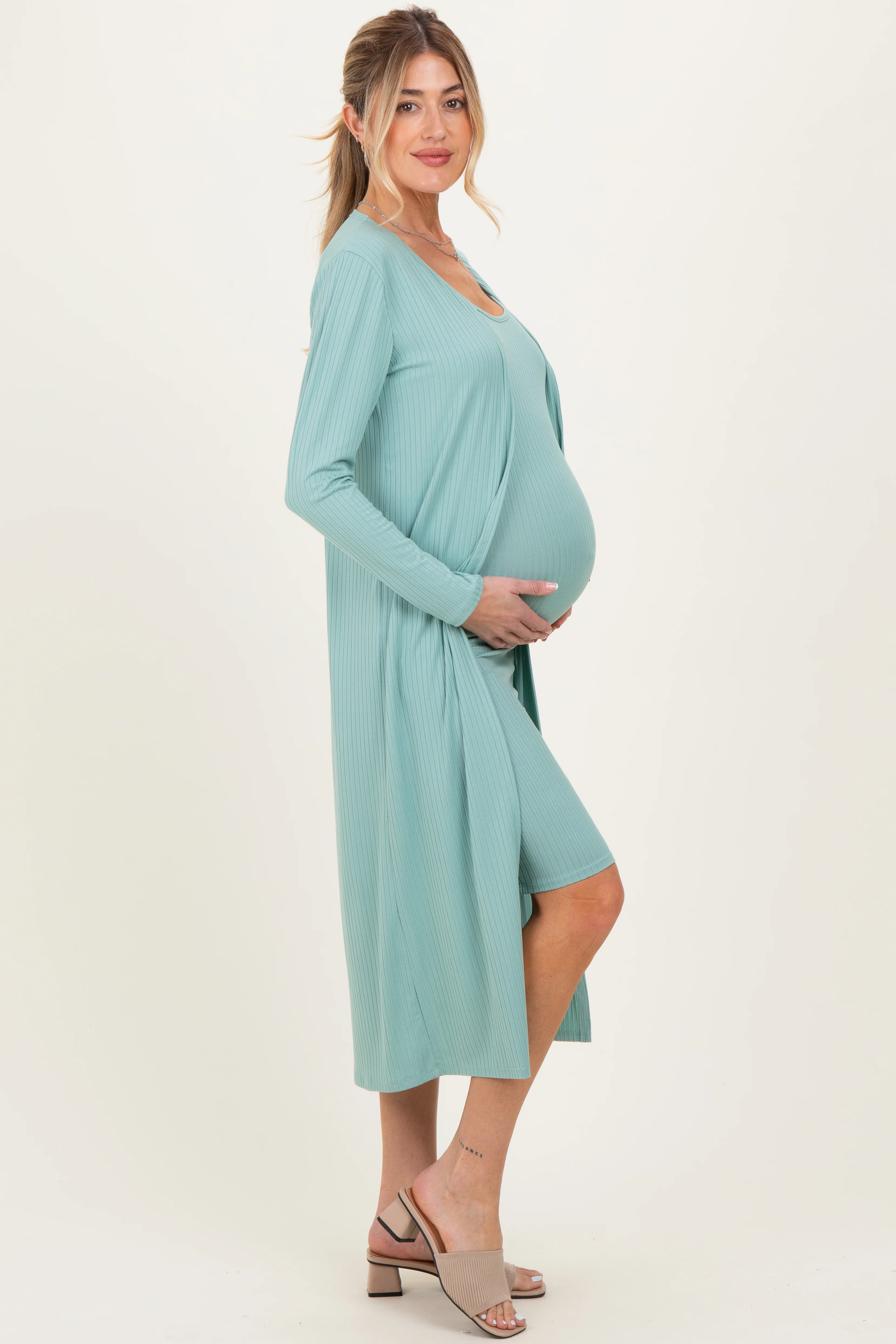 Sage Ribbed Cardigan 2 Piece Maternity Set - Image 3