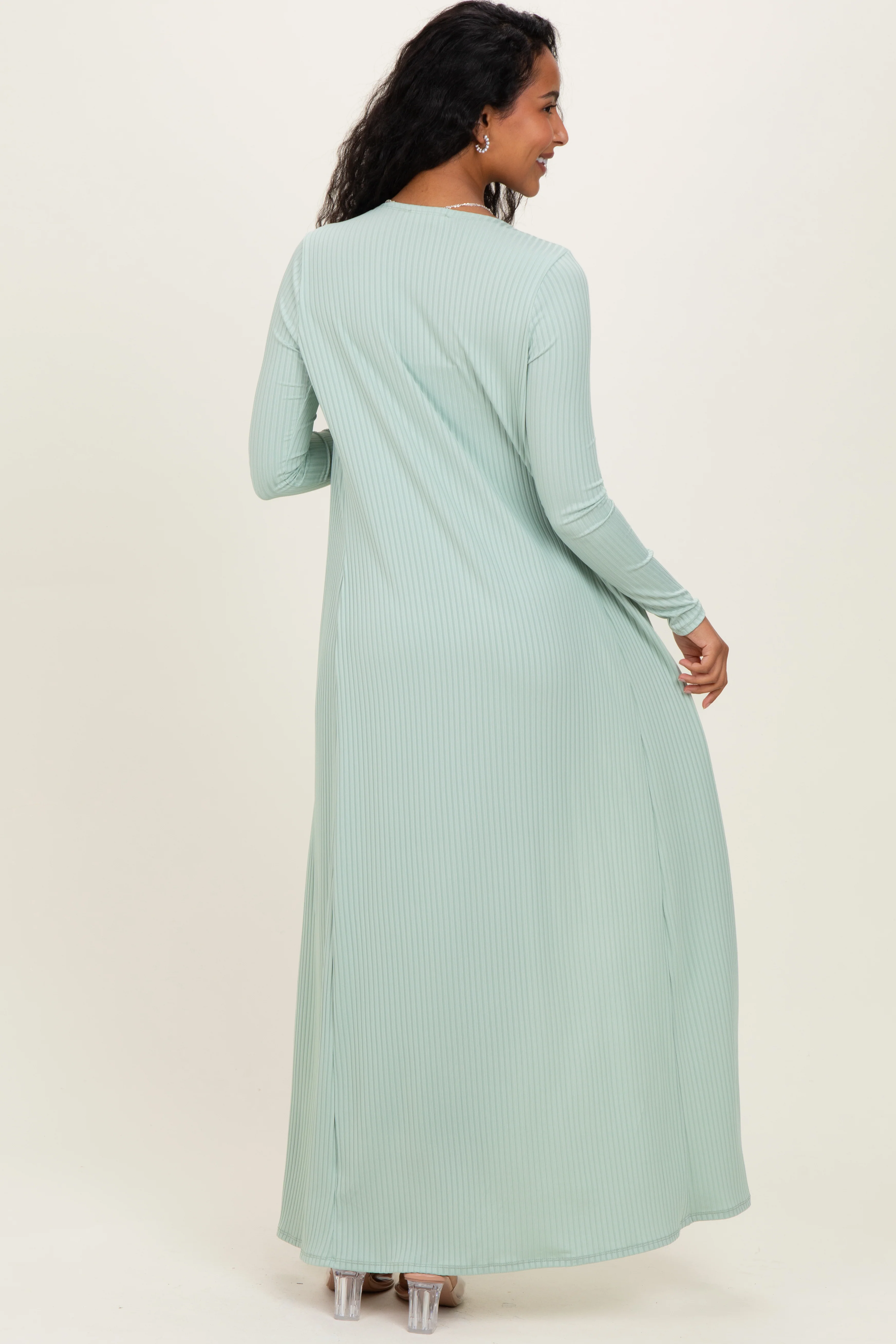 Sage Ribbed Sleeveless Dress Cardigan Maternity Set - Image 4