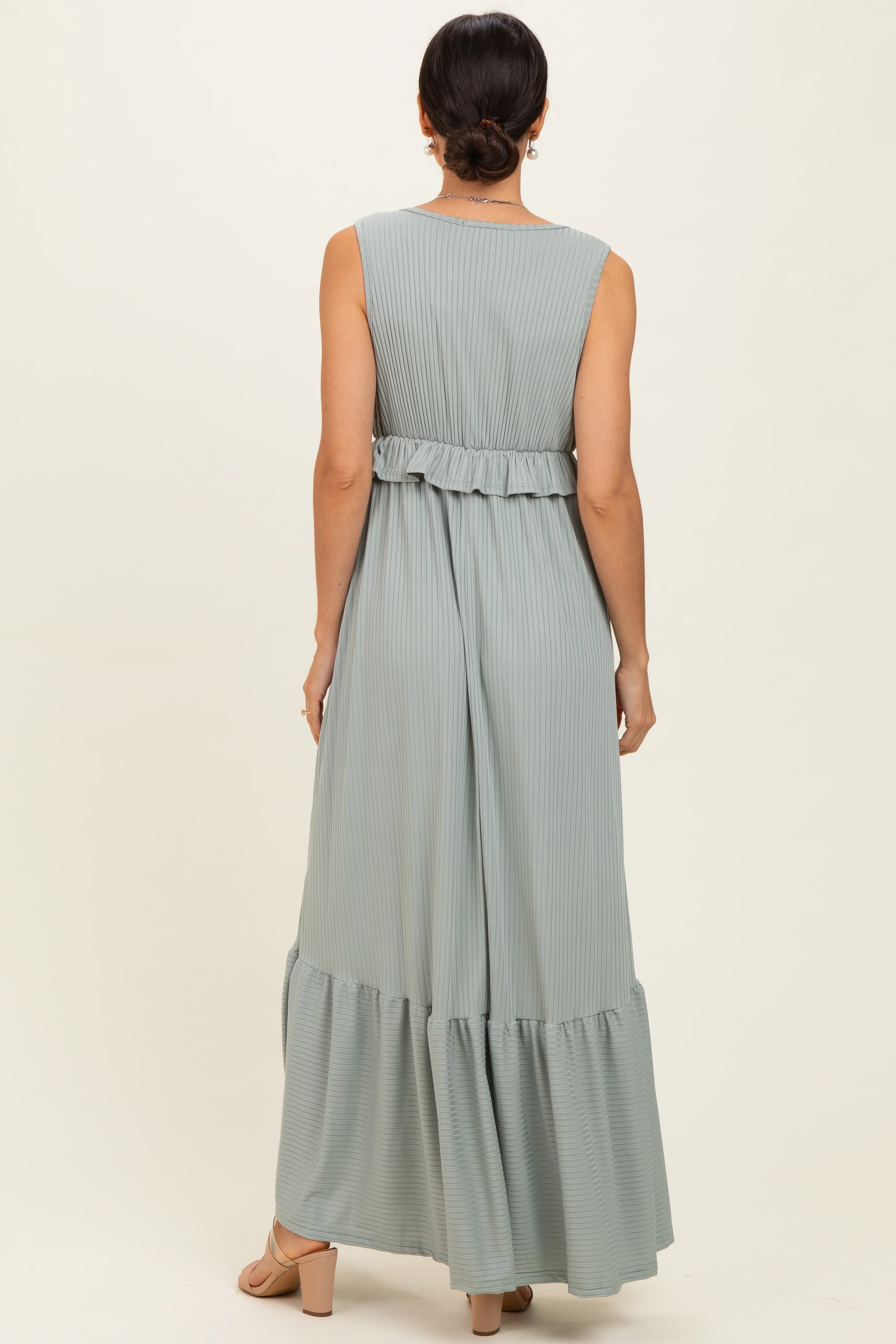 Sage Ribbed Sleeveless V-Neck Ruffle Tiered Maxi Dress - Image 3