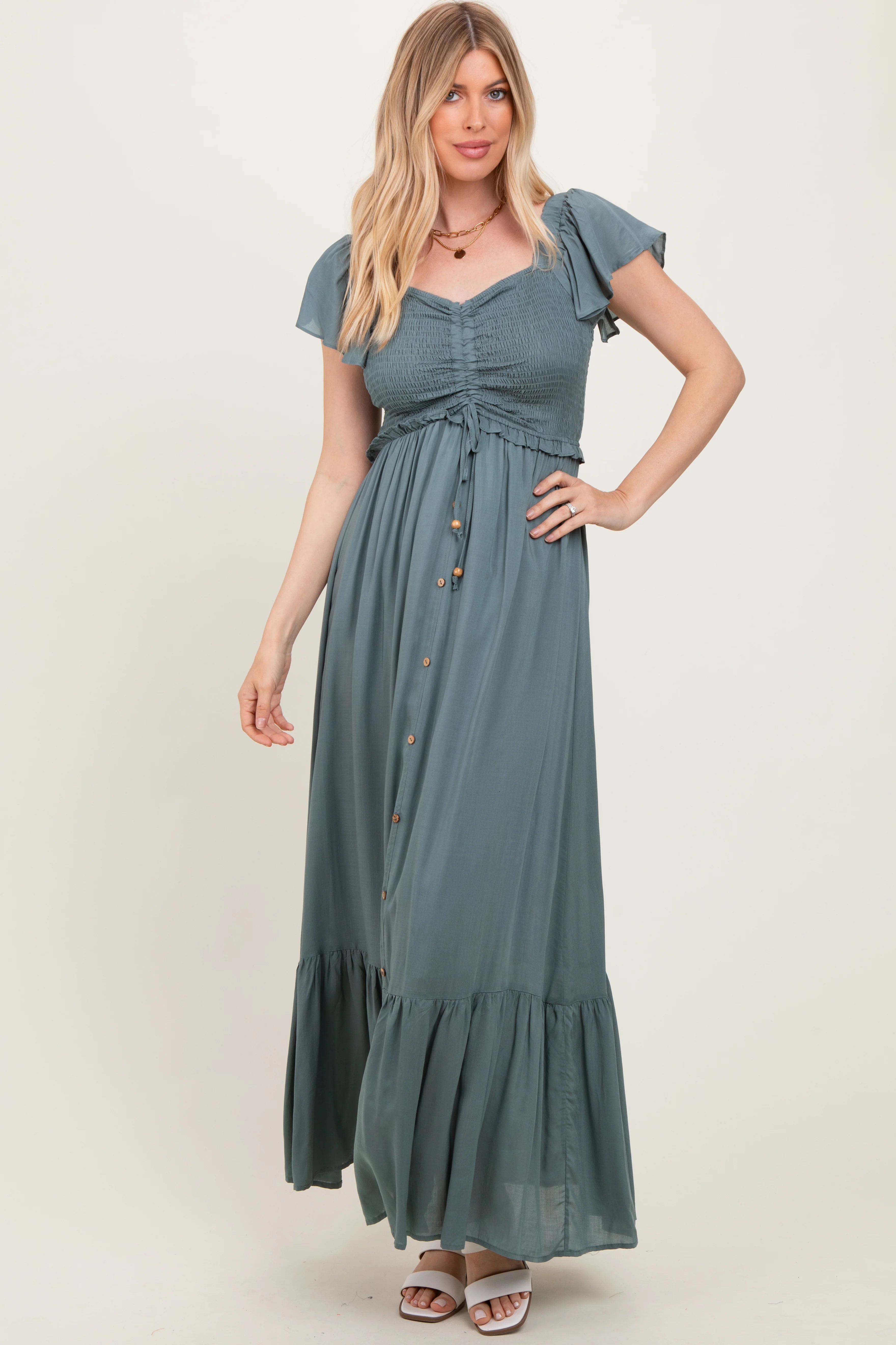 Sage Smocked Top Woven Maternity Maxi Dress - Image 5
