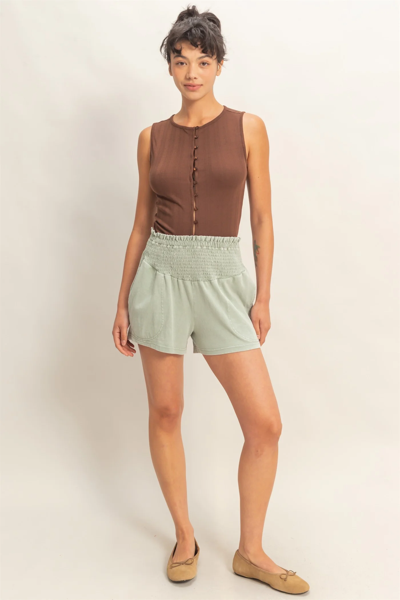 Sage Smocked Waist Mineral Wash Shorts - Image 3