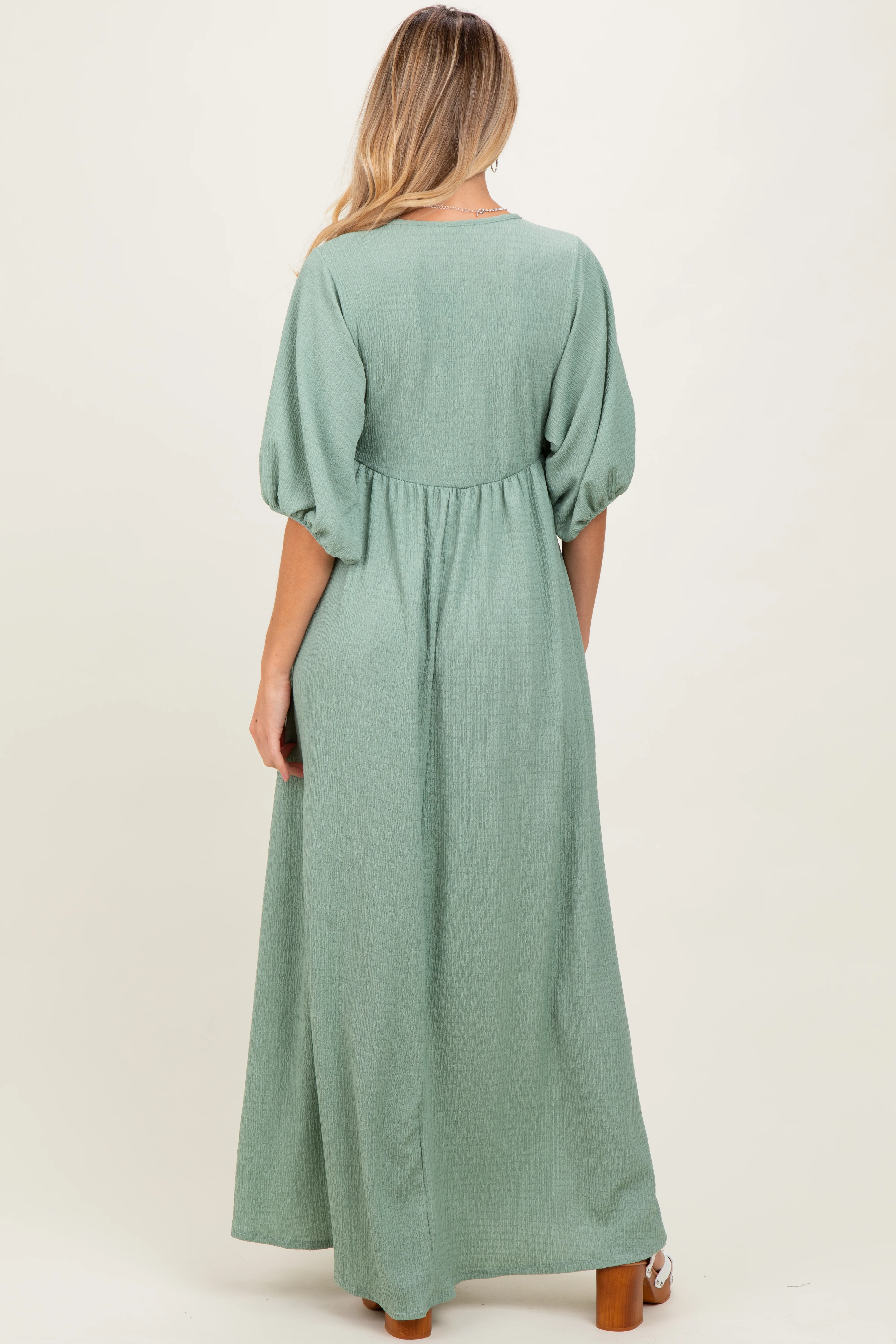 Sage Solid Woven 3/4 Sleeve V-Neck Button Down Maternity Maxi Dress - Image 3