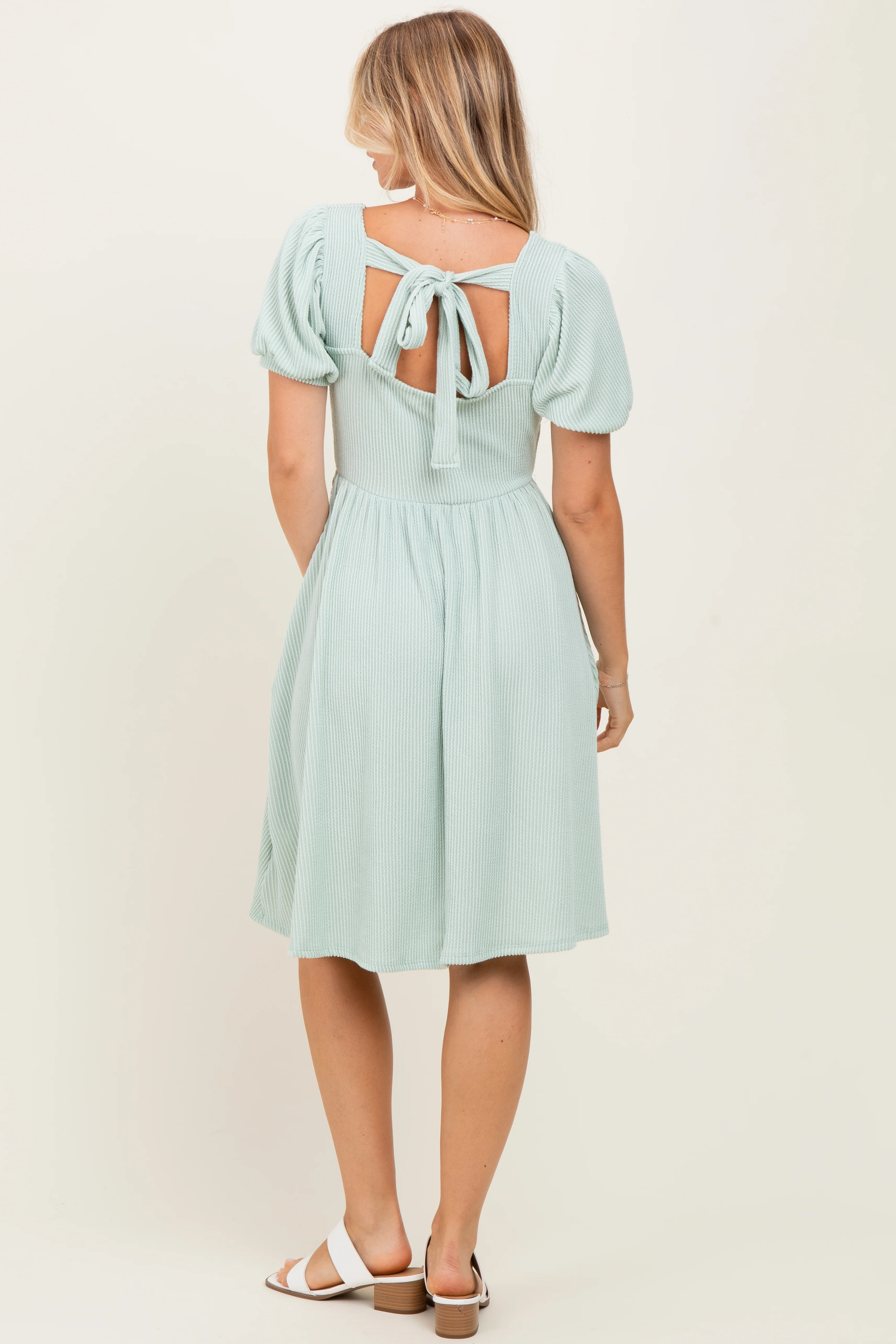 Sage Square Neck Puff Sleeve Rib Babydoll Dress - Image 4