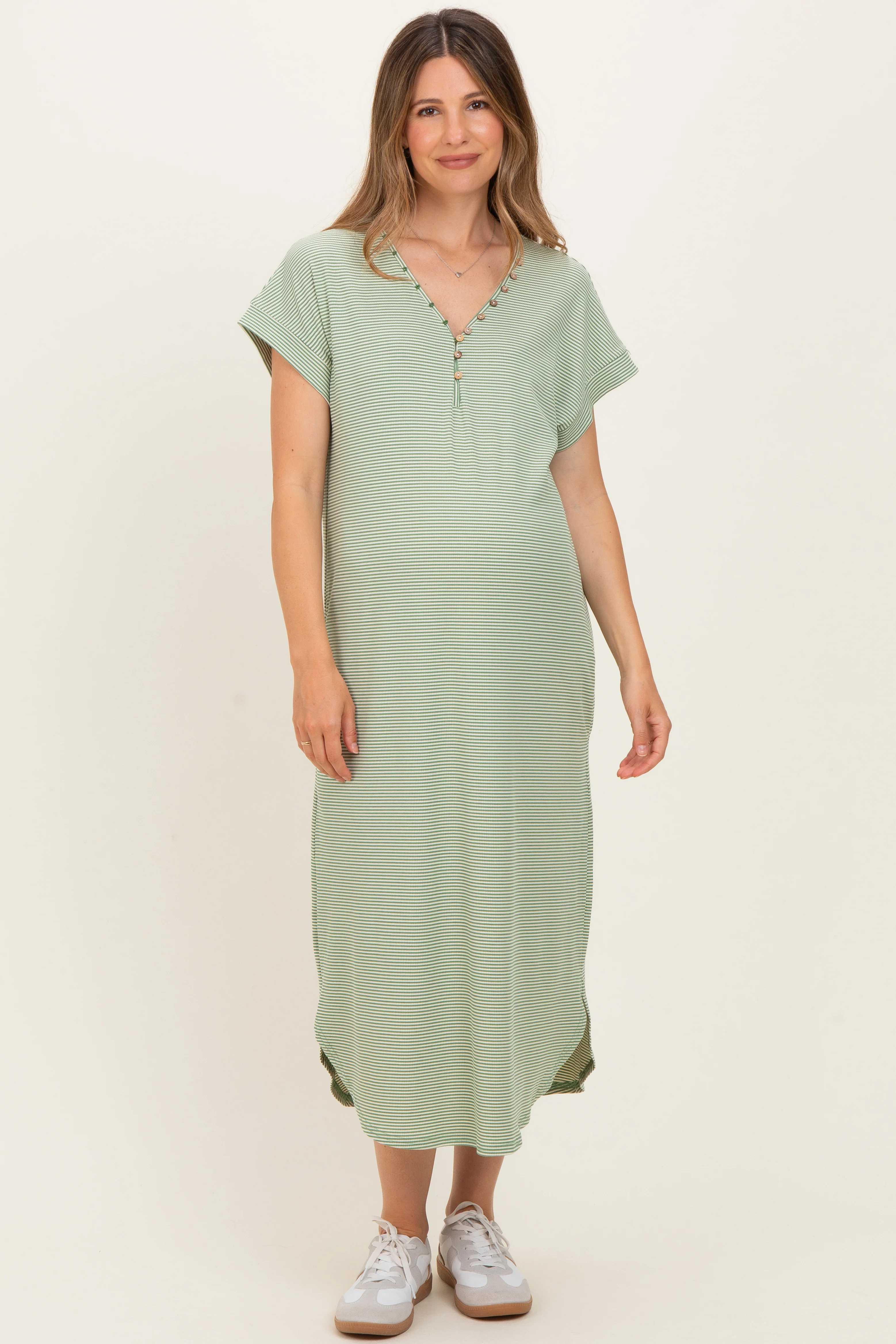 Sage Striped Button Detail Maternity Midi Dress