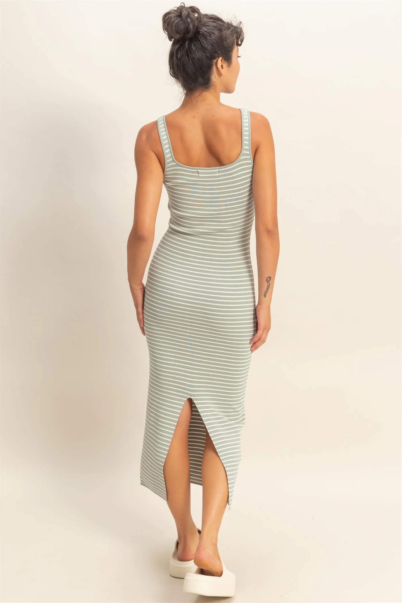 Sage Striped Fitted Midi Tank Dress - Image 3