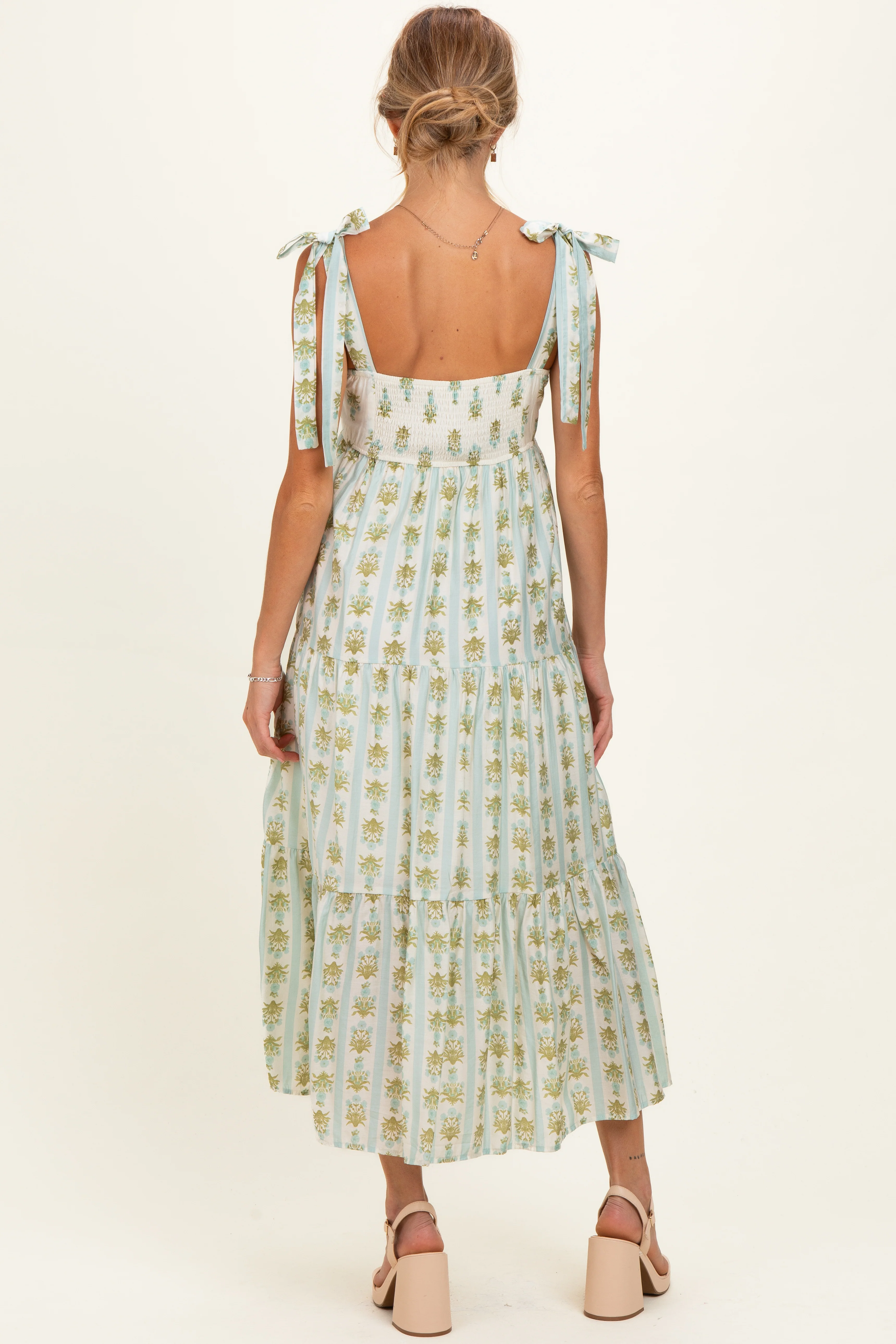 Sage Striped Floral Shoulder Tie Maternity Midi Dress - Image 3