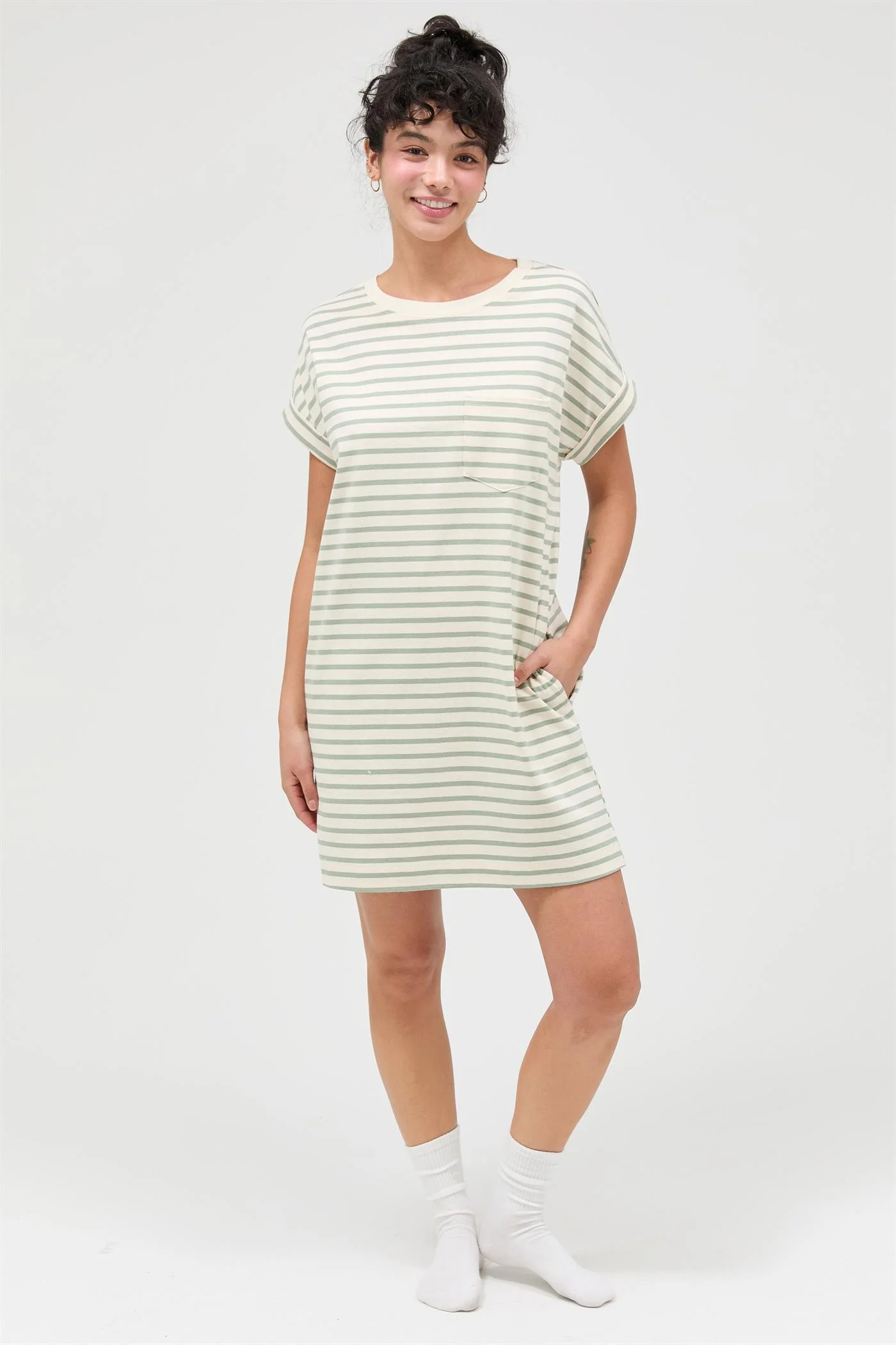 Sage Striped Maternity T-Shirt Mini Dress - Image 4