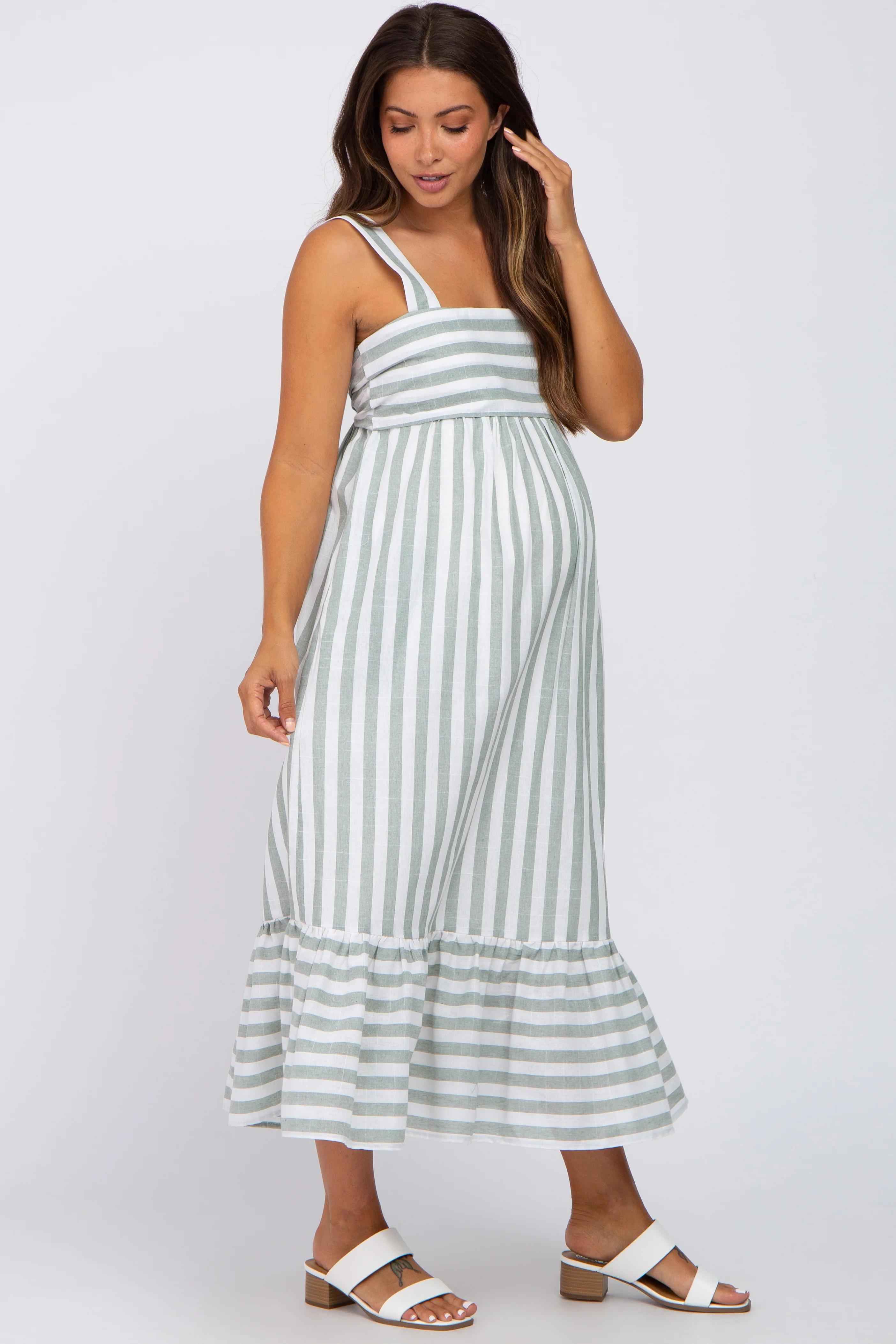 Sage Striped Sleeveless Ruffle Hem Maternity Maxi Dress - Image 2