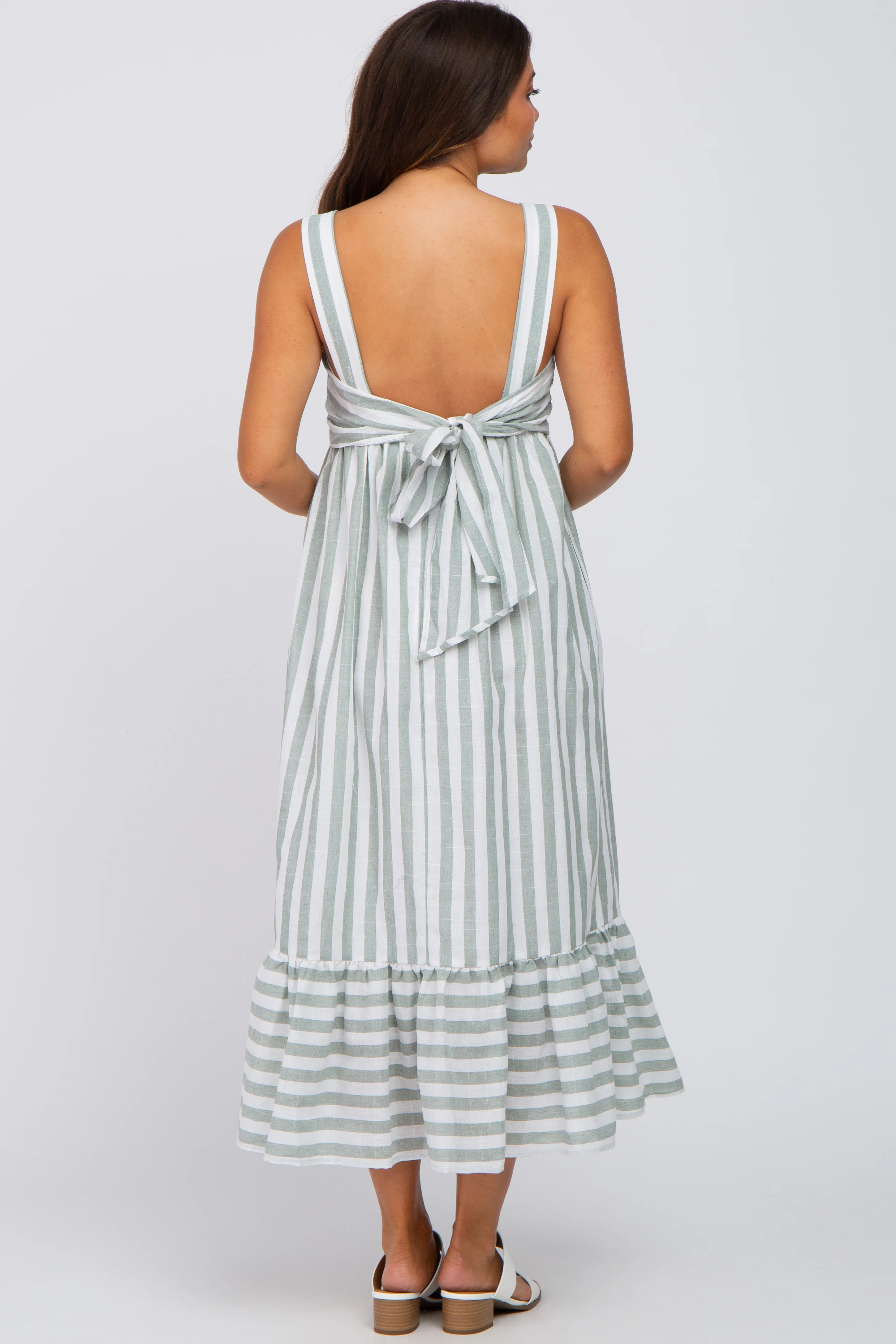 Sage Striped Sleeveless Ruffle Hem Maternity Maxi Dress - Image 3