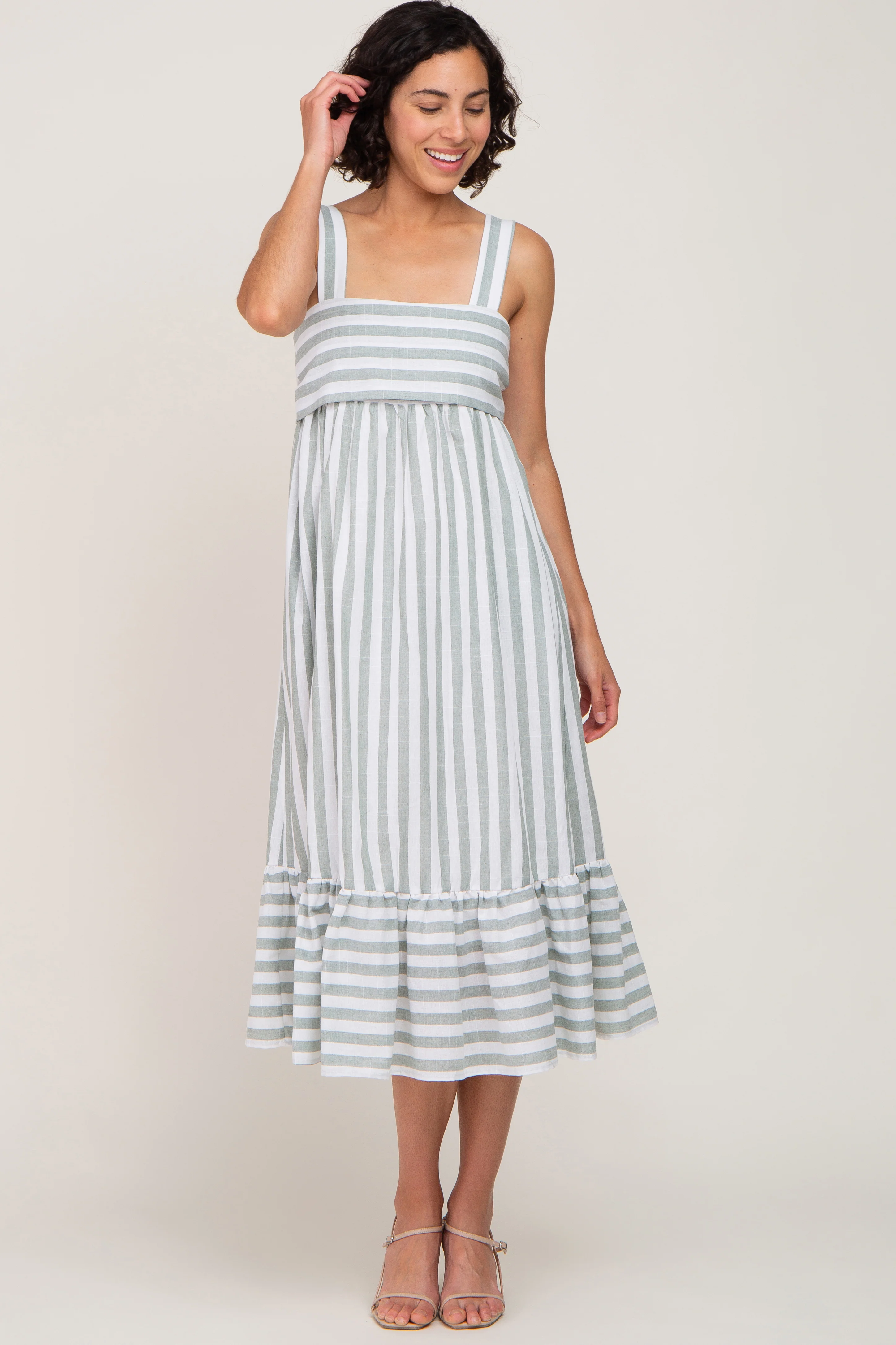 Sage Striped Sleeveless Ruffle Hem Maternity Maxi Dress - Image 4