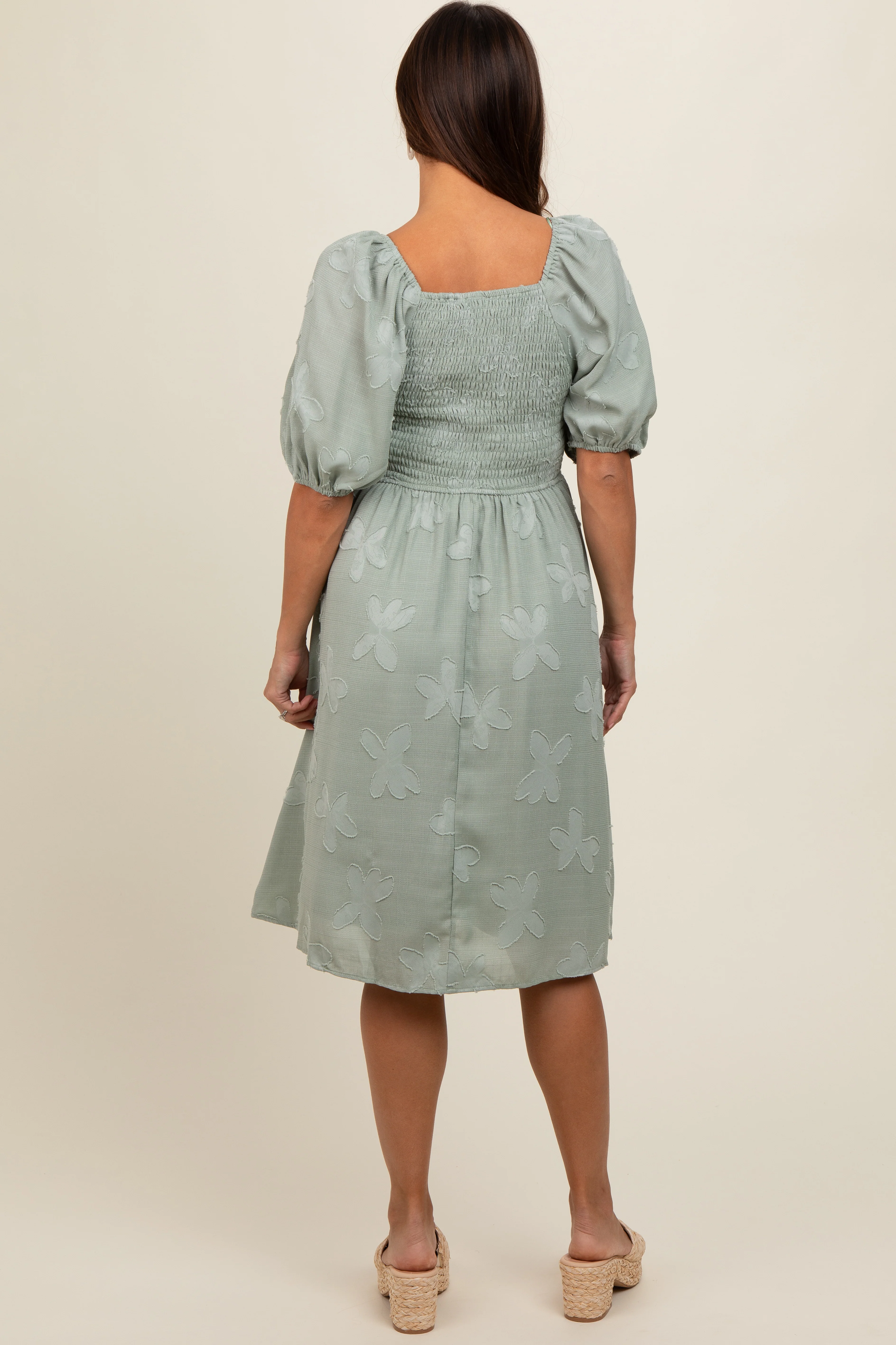 Sage Textured Floral Square Neck Puff Sleeve Maternity Dress - Image 2