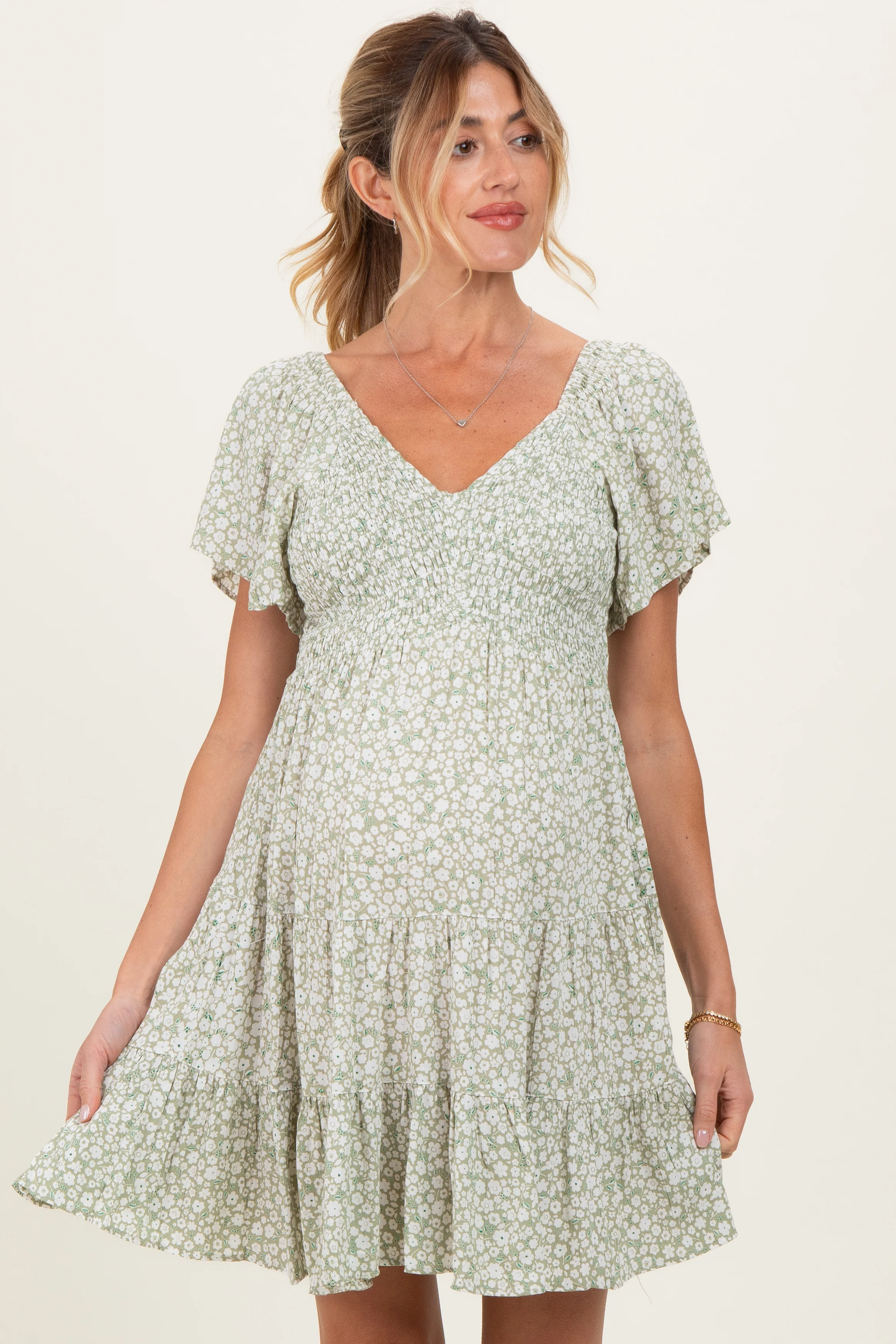 Sage V Neck Smocked Bodice Ditsy Print Maternity Dress