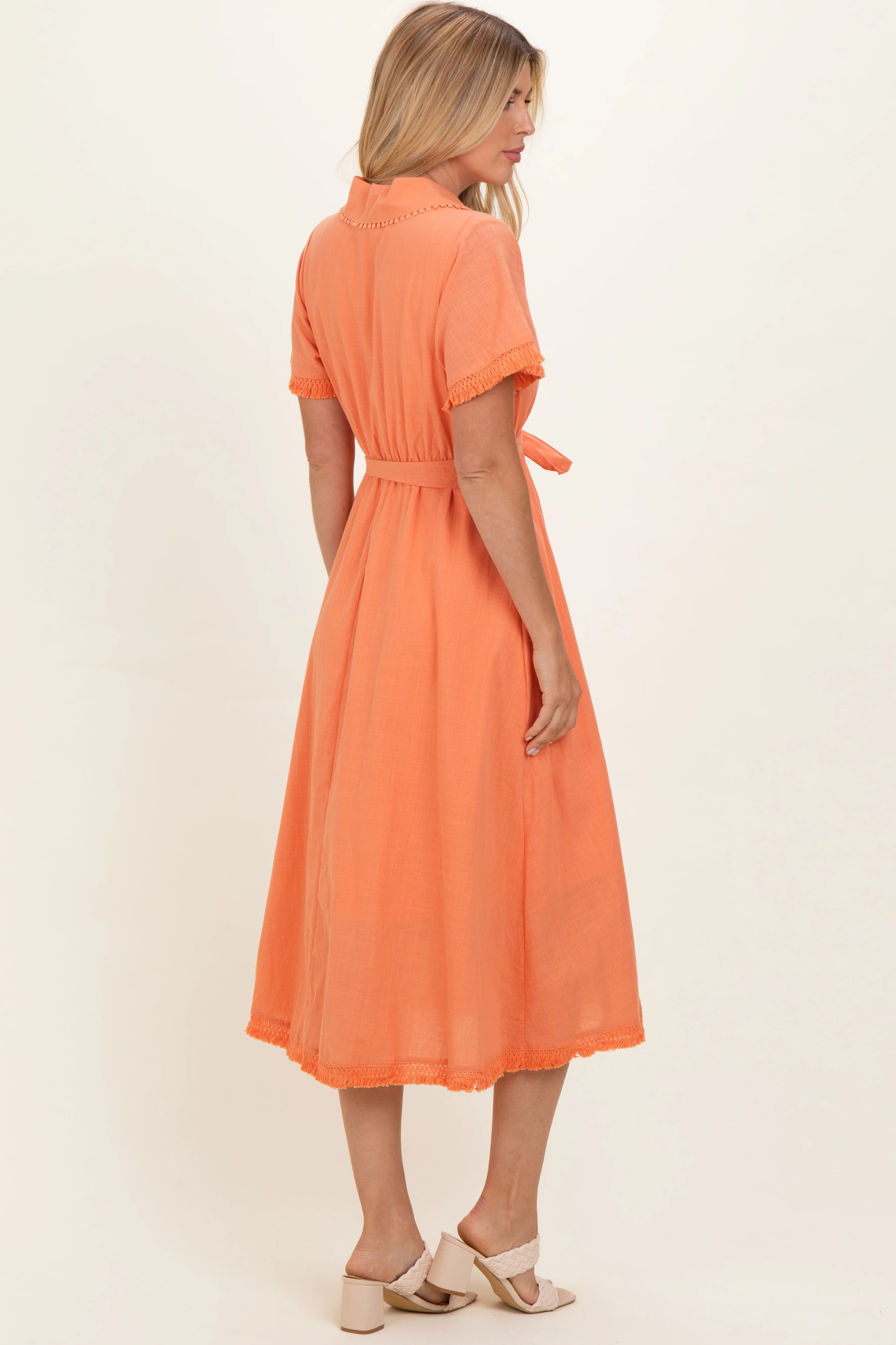 Salmon Button Down Frayed Midi Dress - Image 4