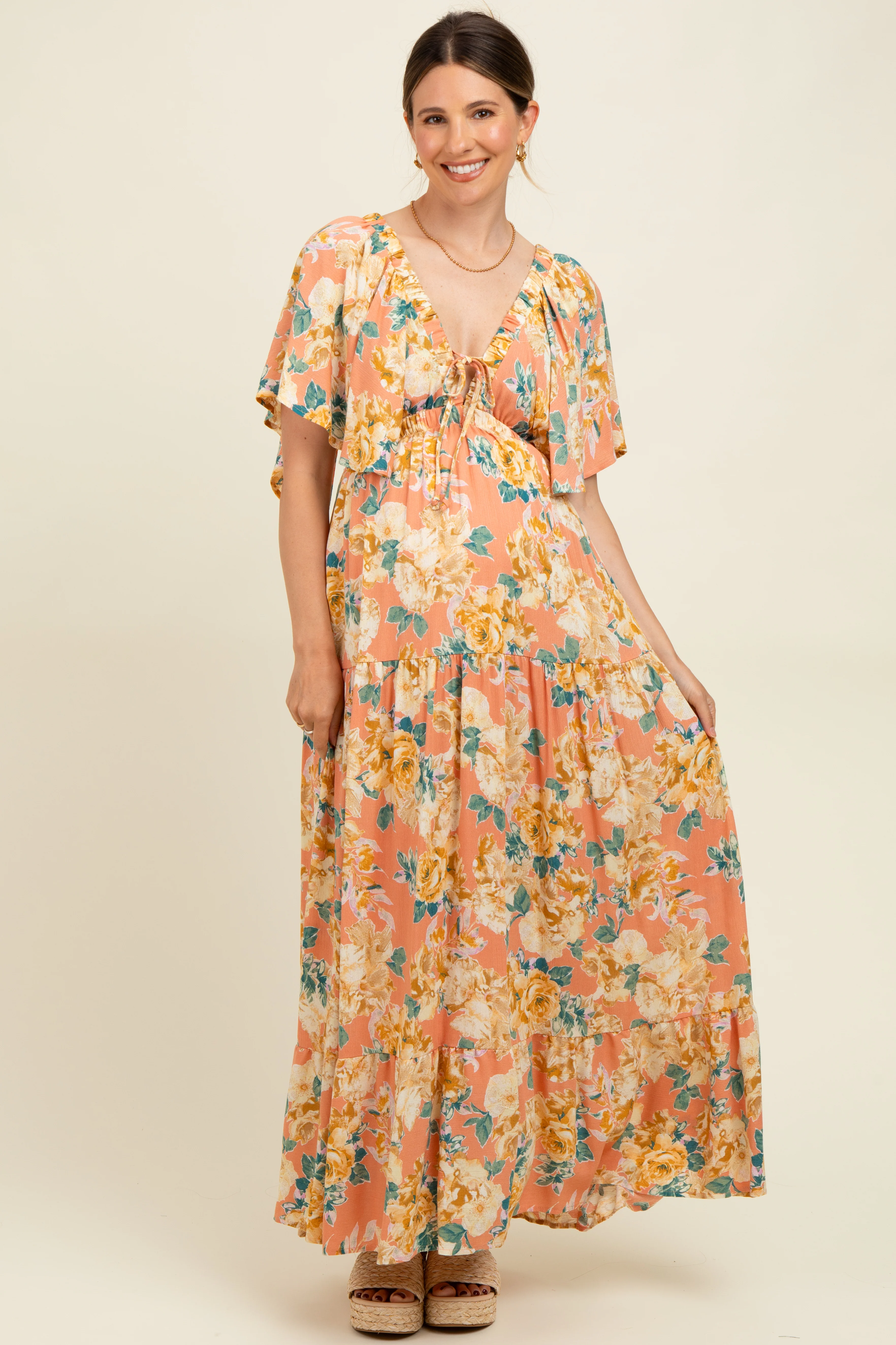 Salmon Floral Flyway Sleeve V-Neck Tiered Maternity Maxi Dress - Image 2