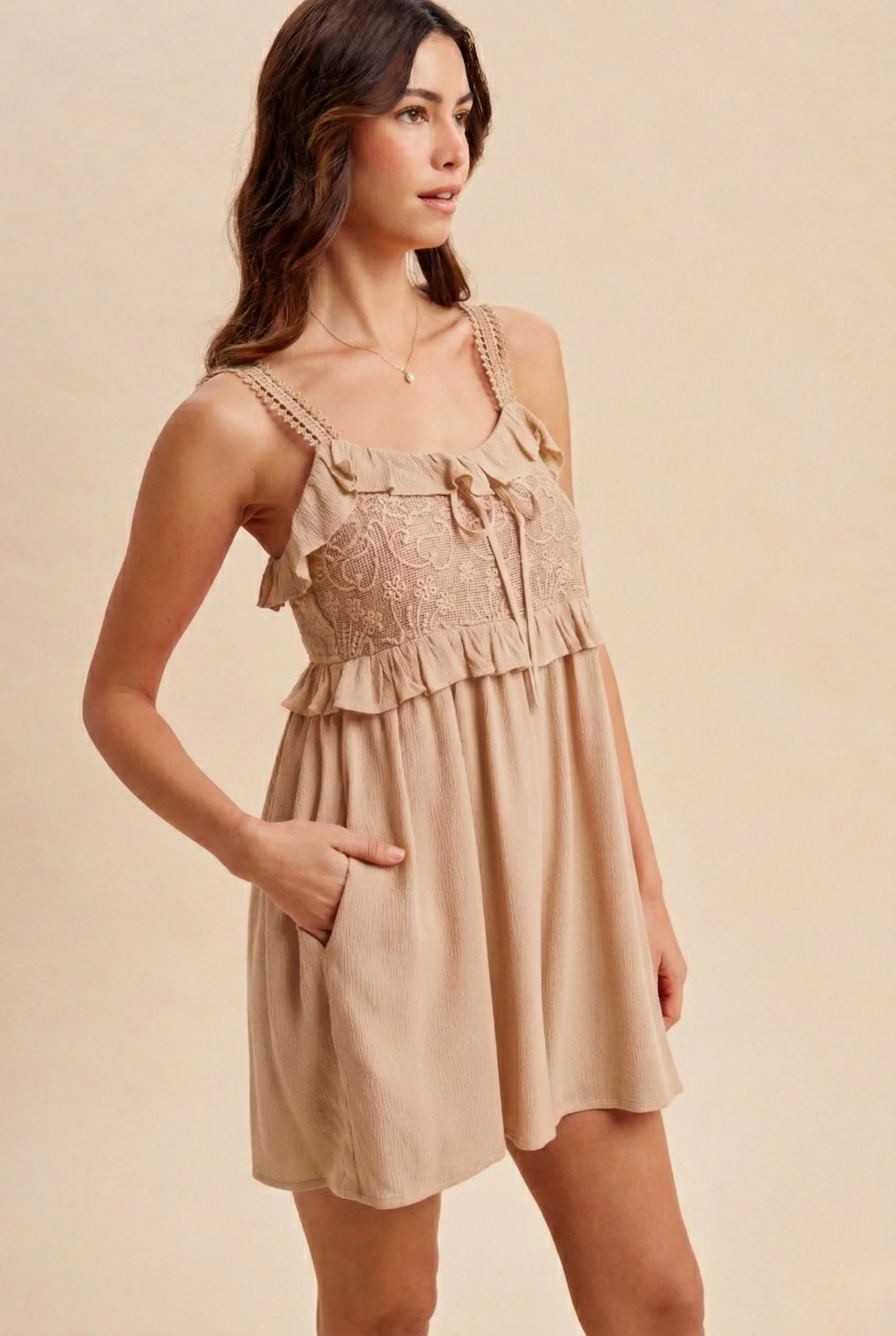 Sand Embroidered Ruffle Accent Maternity Romper - Image 5