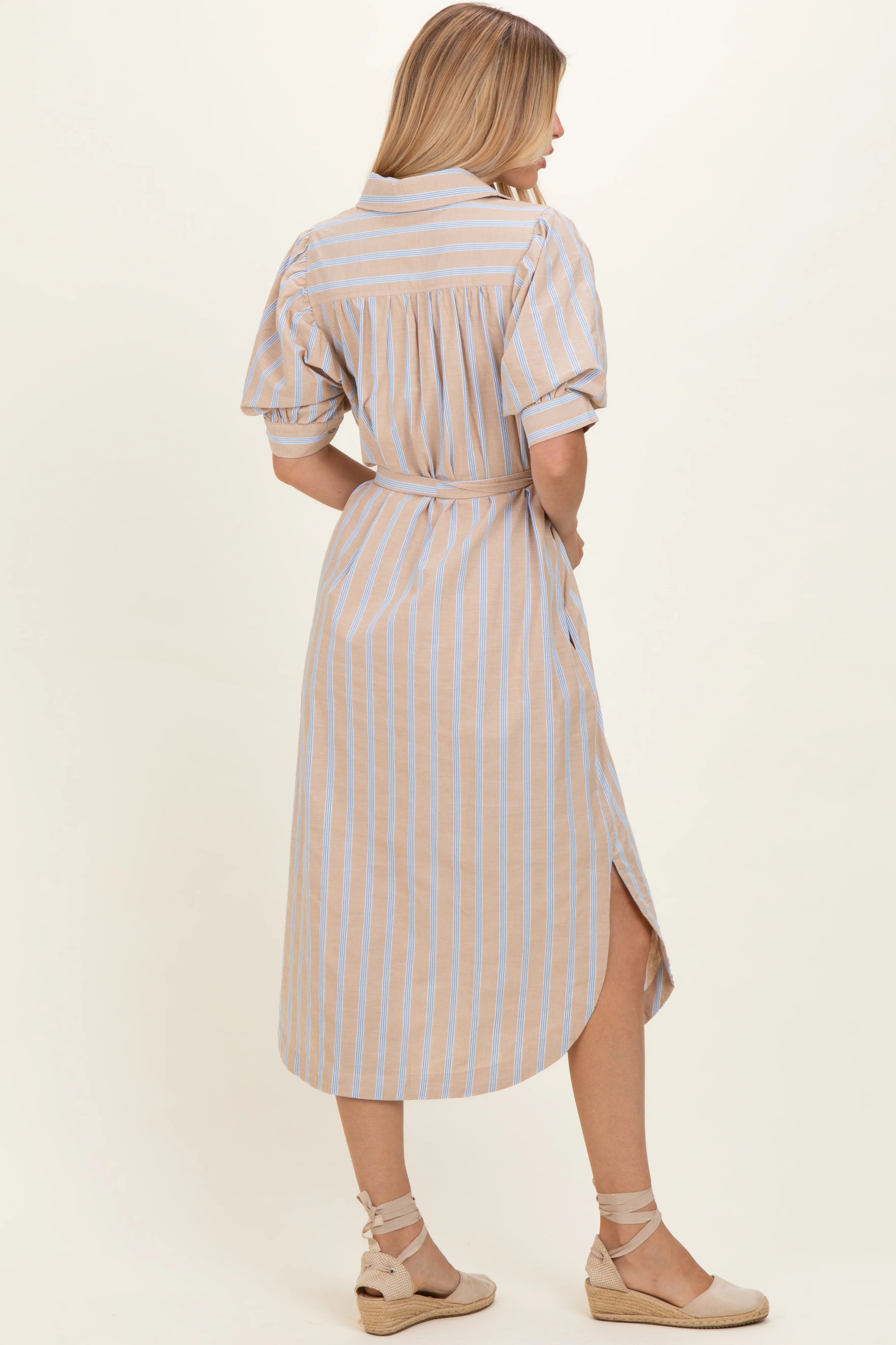 Sand Striped Puff Sleeve Midi Shirt Dress - Image 3