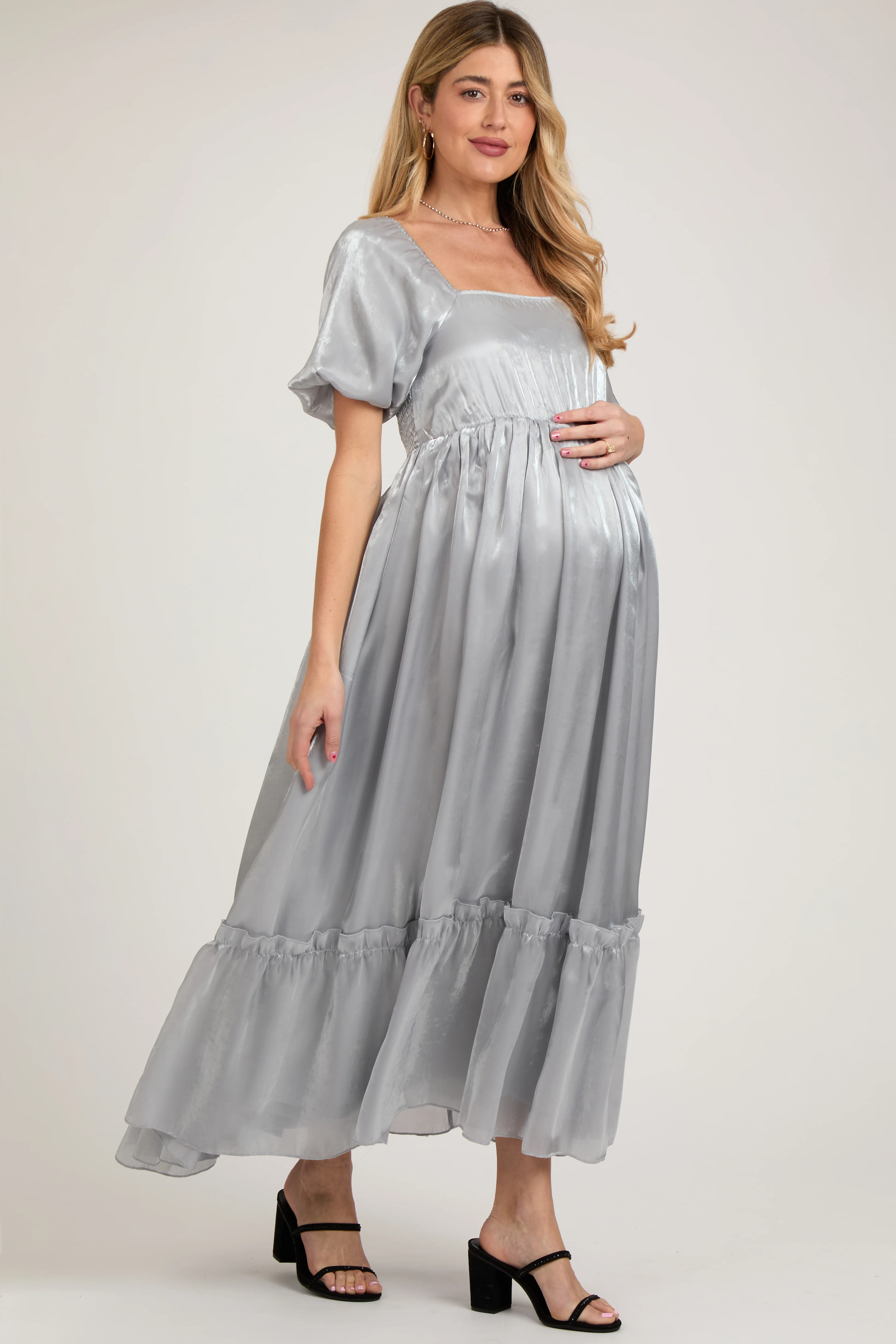 Silver Satin Square Neck Short Puff Sleeve Maternity Maxi Dress - Image 2
