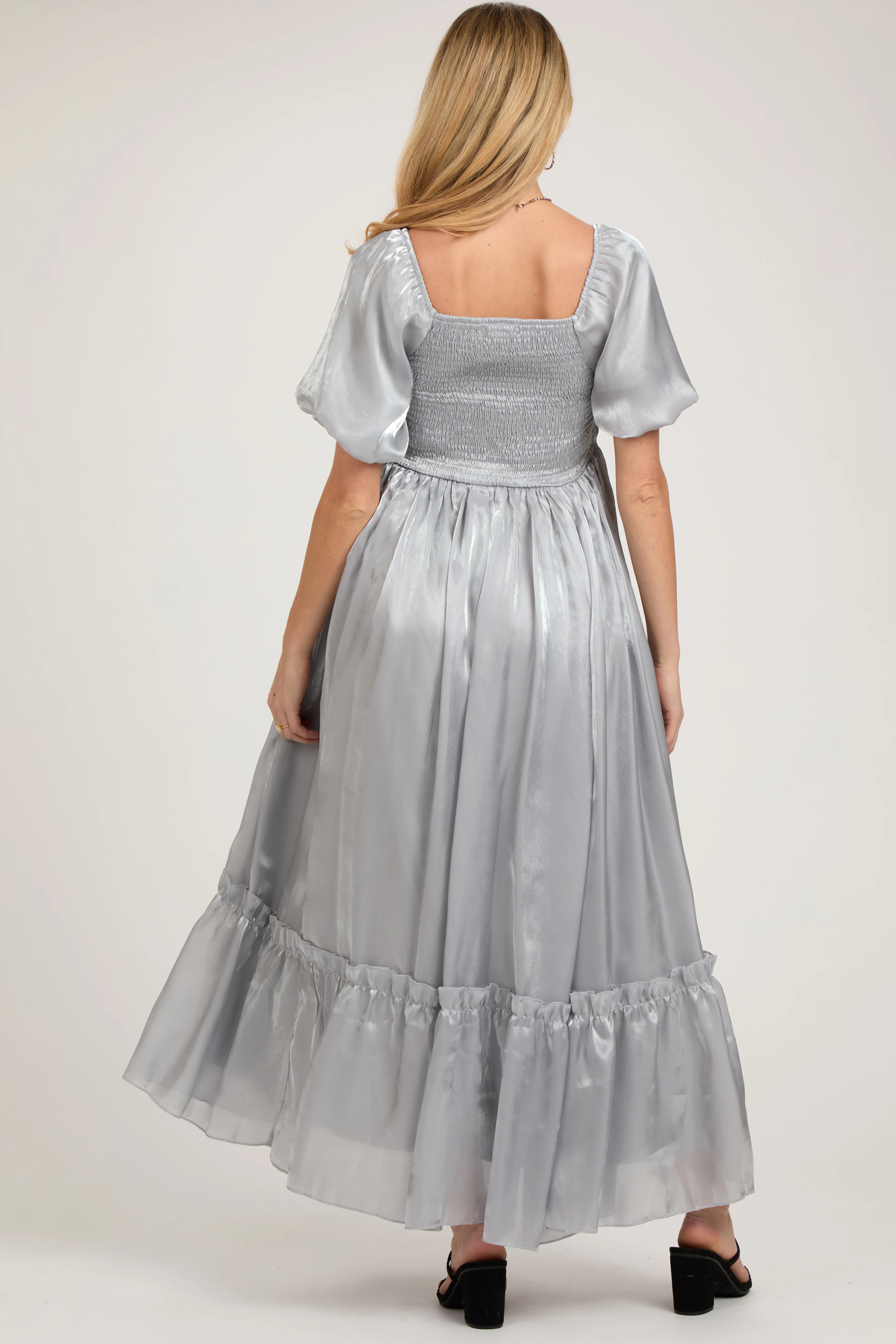 Silver Satin Square Neck Short Puff Sleeve Maternity Maxi Dress - Image 3