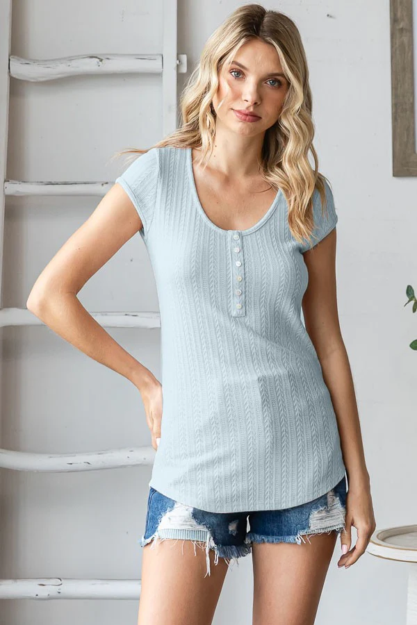 Sky Blue Jacquard Button Front Maternity Short Sleeve Top - Image 4