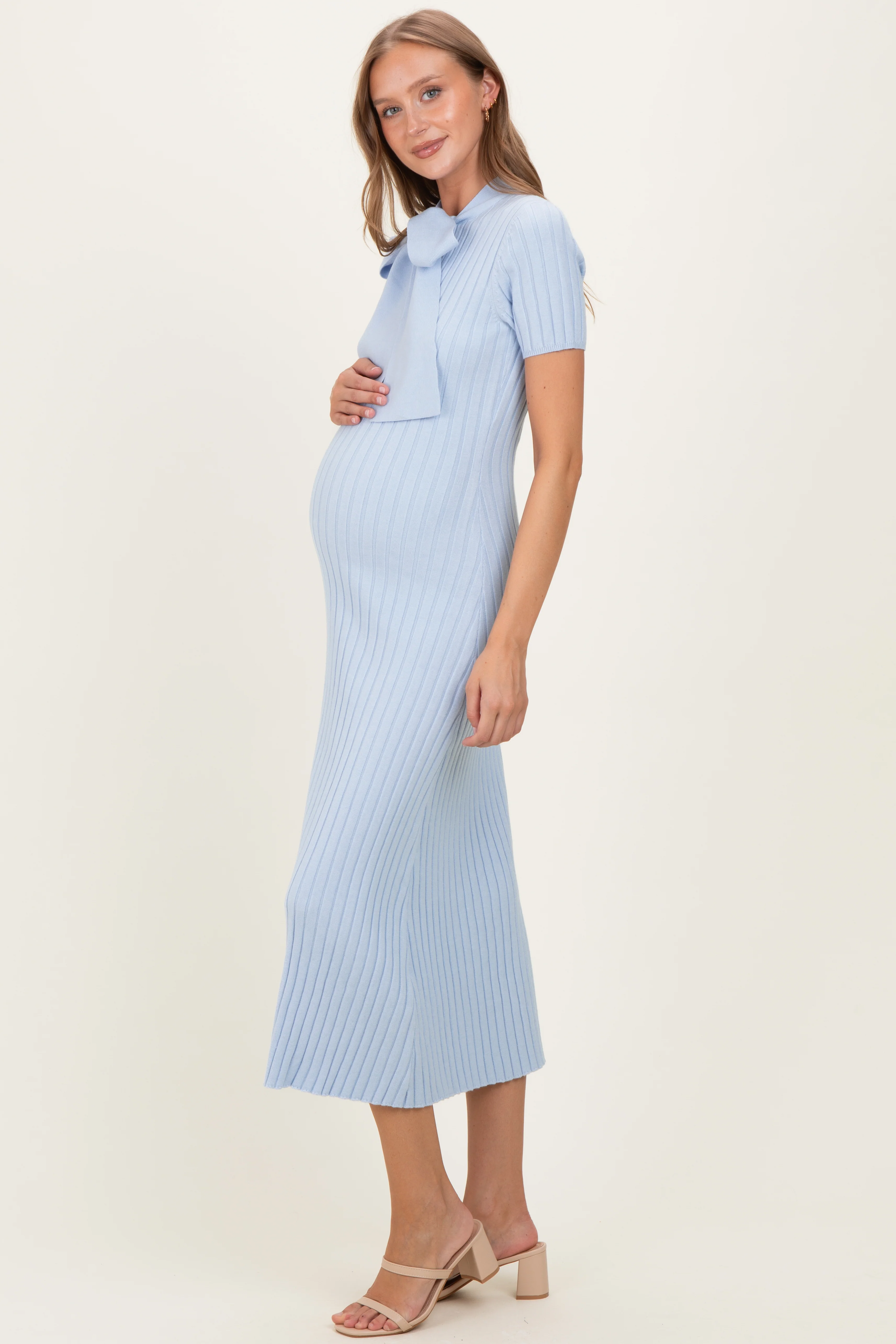 Sky Blue Ribbed Knit Tie Neck Maternity Midi Dress - Image 2