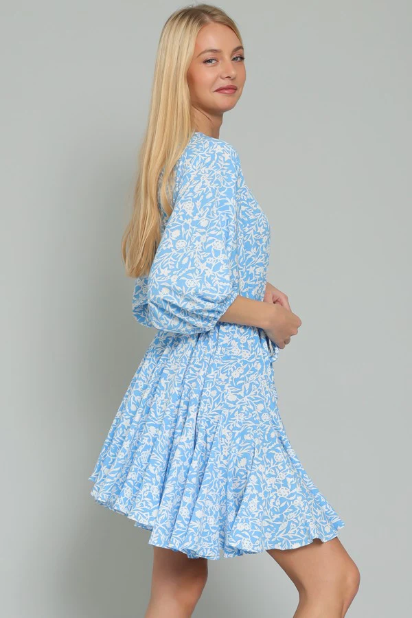 Sky Blue White Dolman Sleeve Braid Belted Ruffle Hem Mini Dress - Image 2