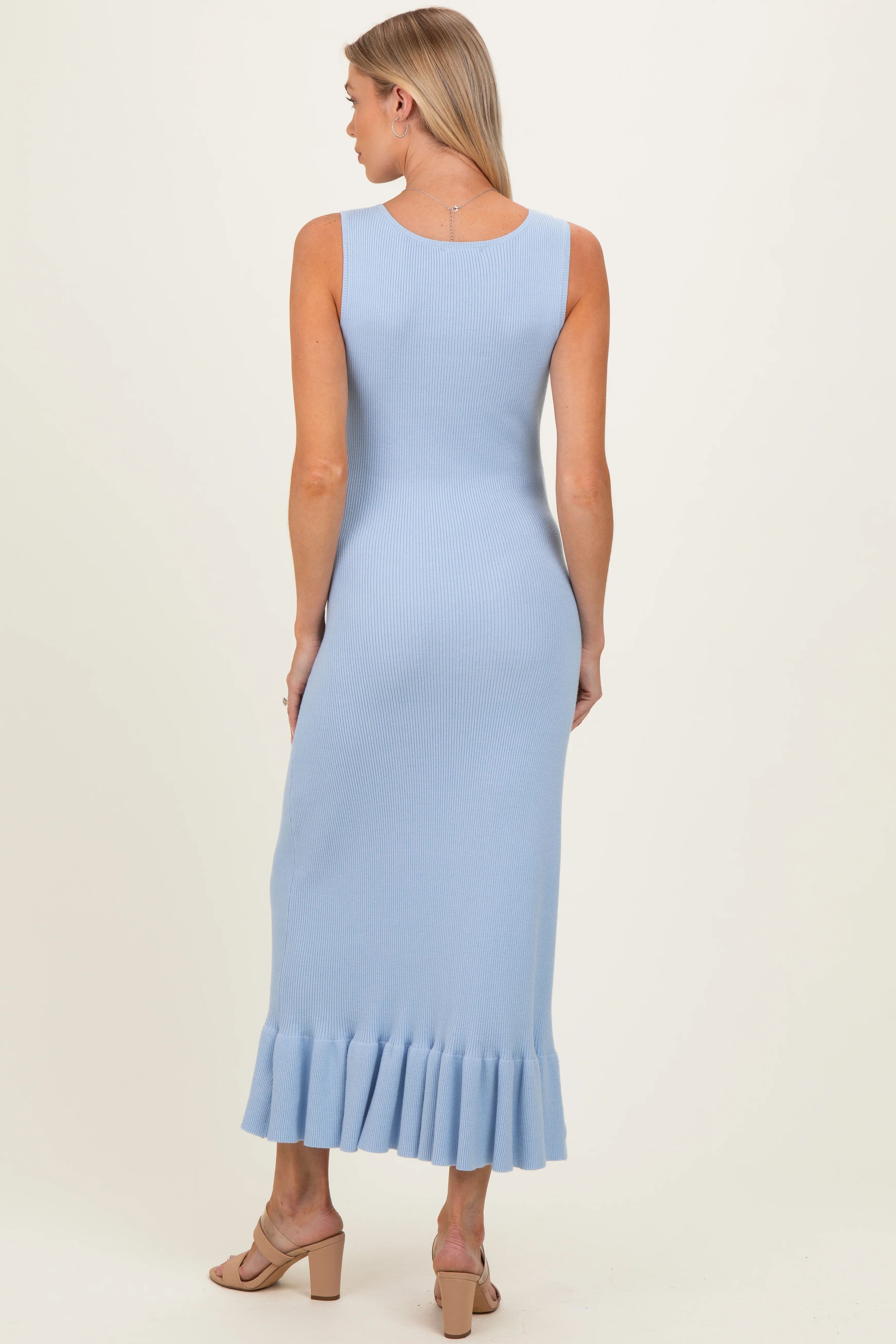 Sky Ribbed Knit Sleeveless Ruffle Hem Maternity Maxi Dress - Image 3