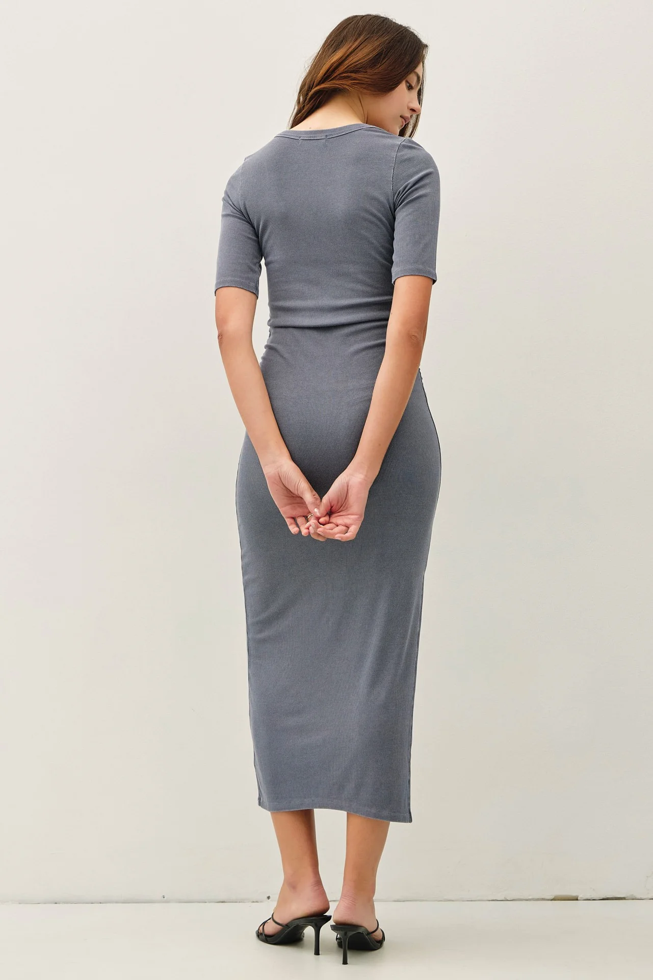 Slate Ruched Short Sleeve Side Slit Midi Dress - Image 3