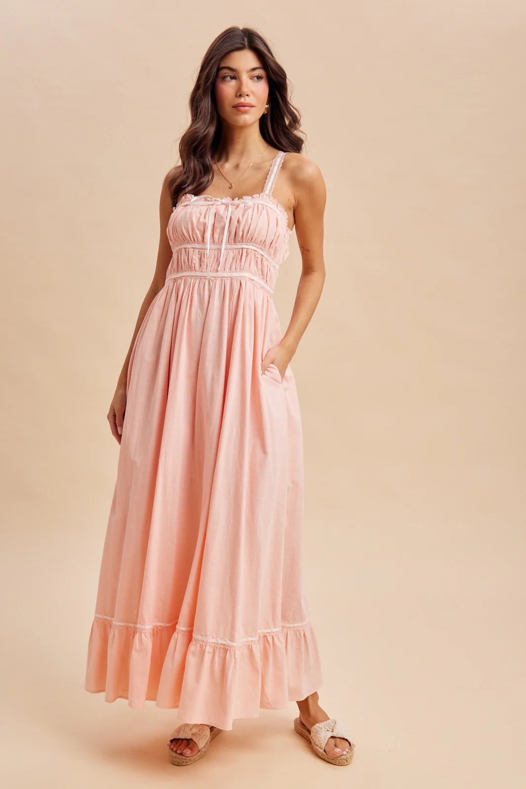 Soft Pink Lace Ribbon Detail Maternity Maxi Dress - Image 5