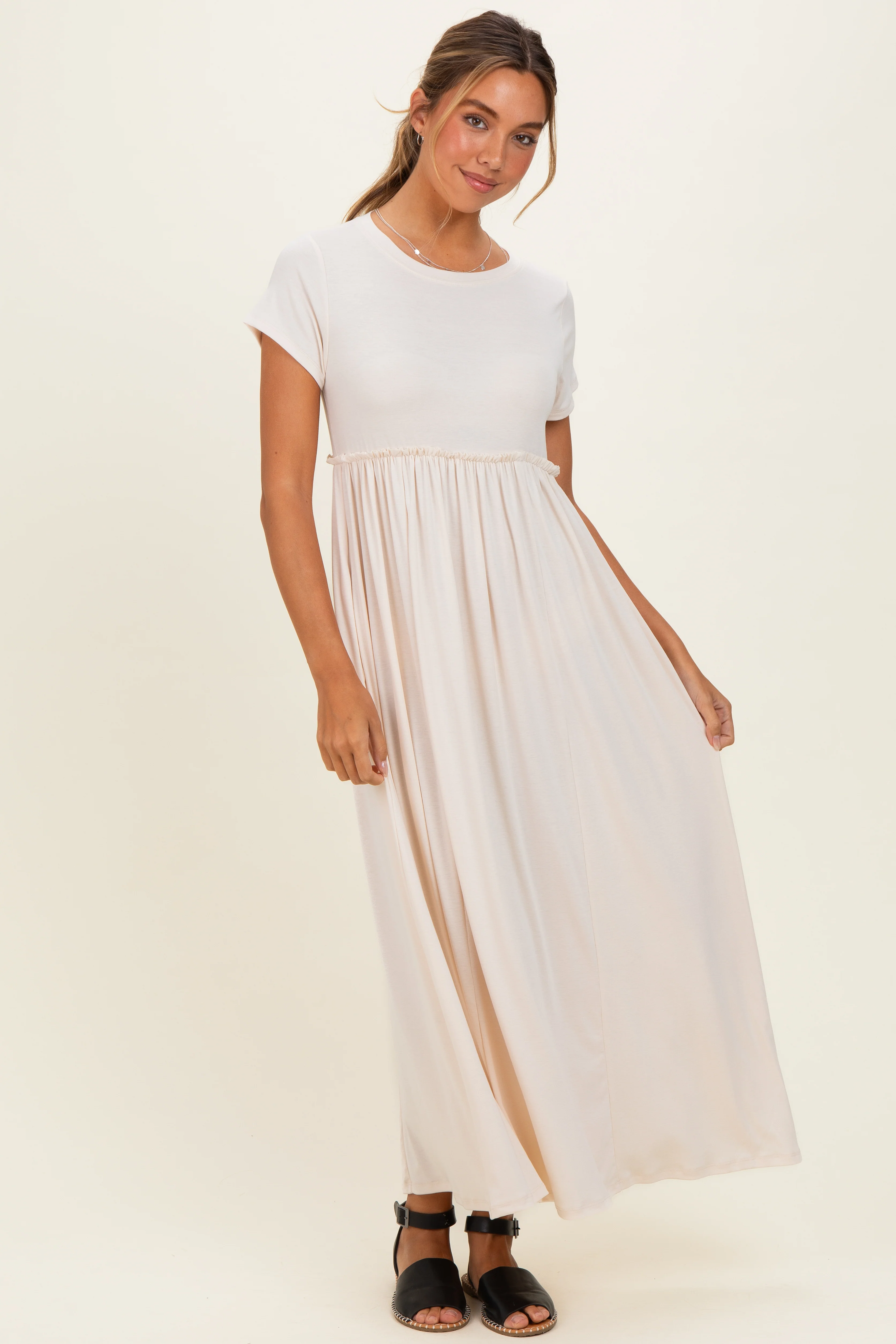 Soft White Ruffle Trim Maternity Maxi Dress - Image 4