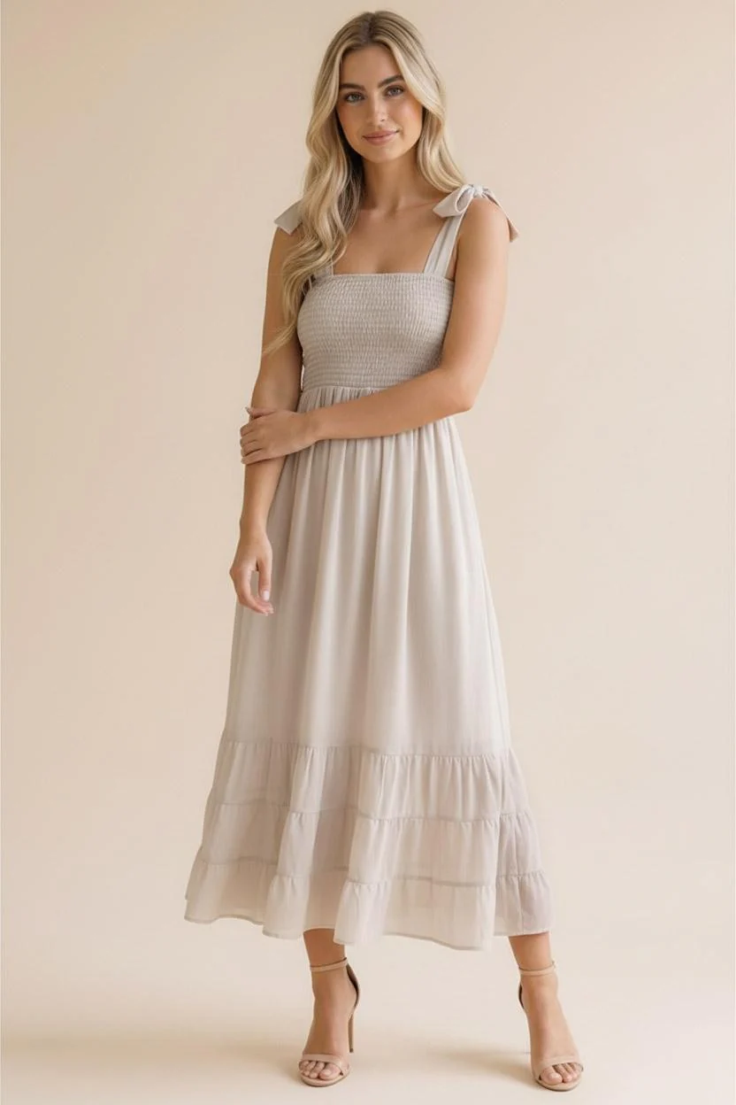 Stone Smocked Shoulder Tie Maxi Dress - Image 2