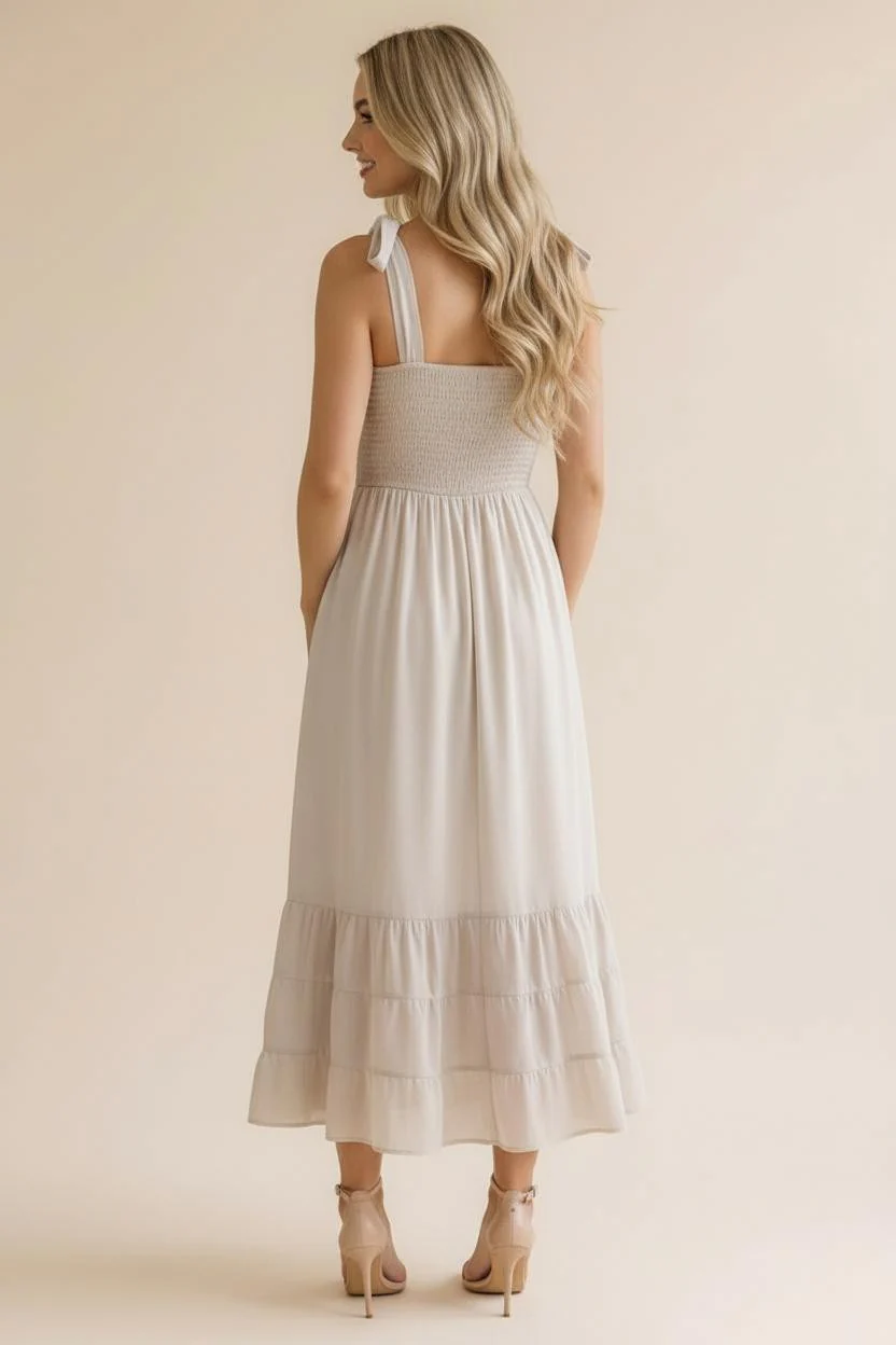 Stone Smocked Shoulder Tie Maxi Dress - Image 3