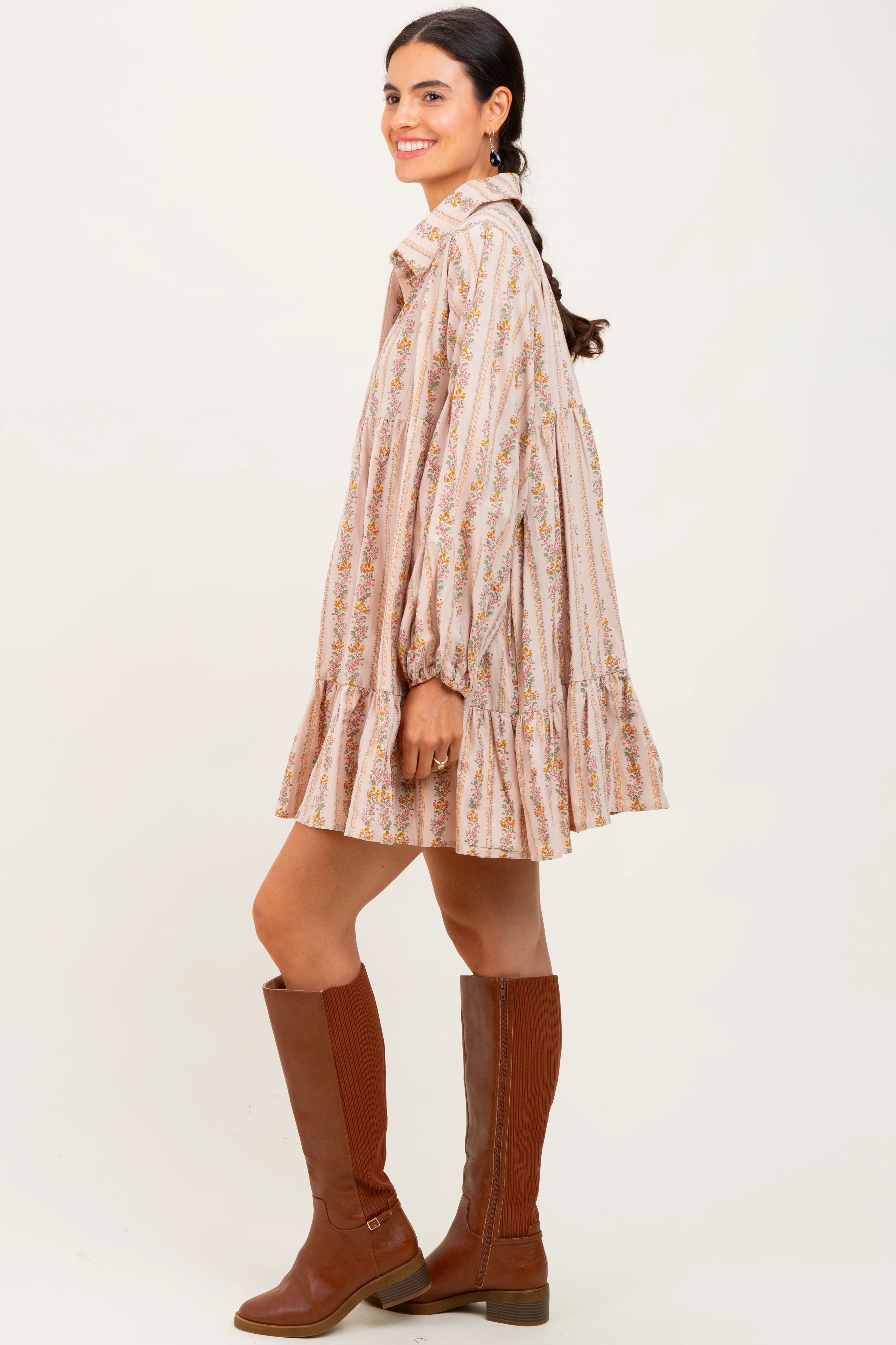 Tan Floral Print Shirring Half Buttoned Shirt Dress - Image 3