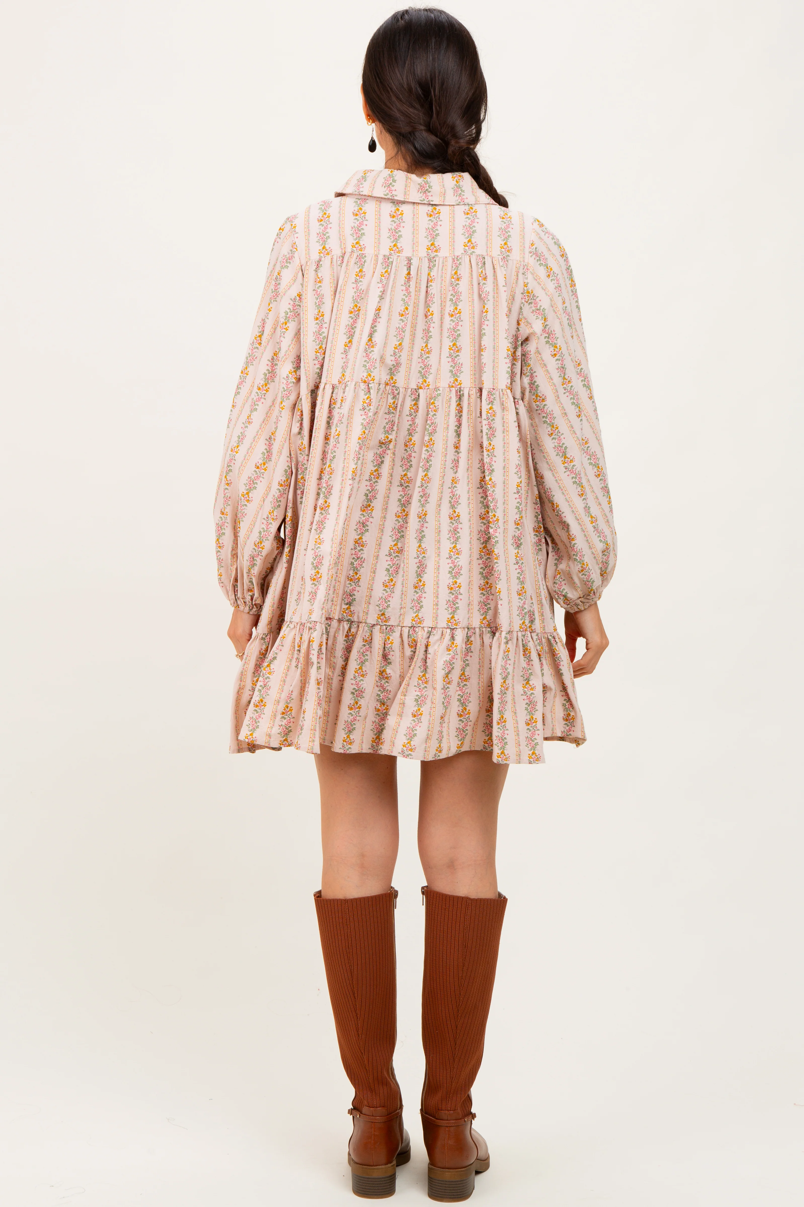 Tan Floral Print Shirring Half Buttoned Shirt Dress - Image 4