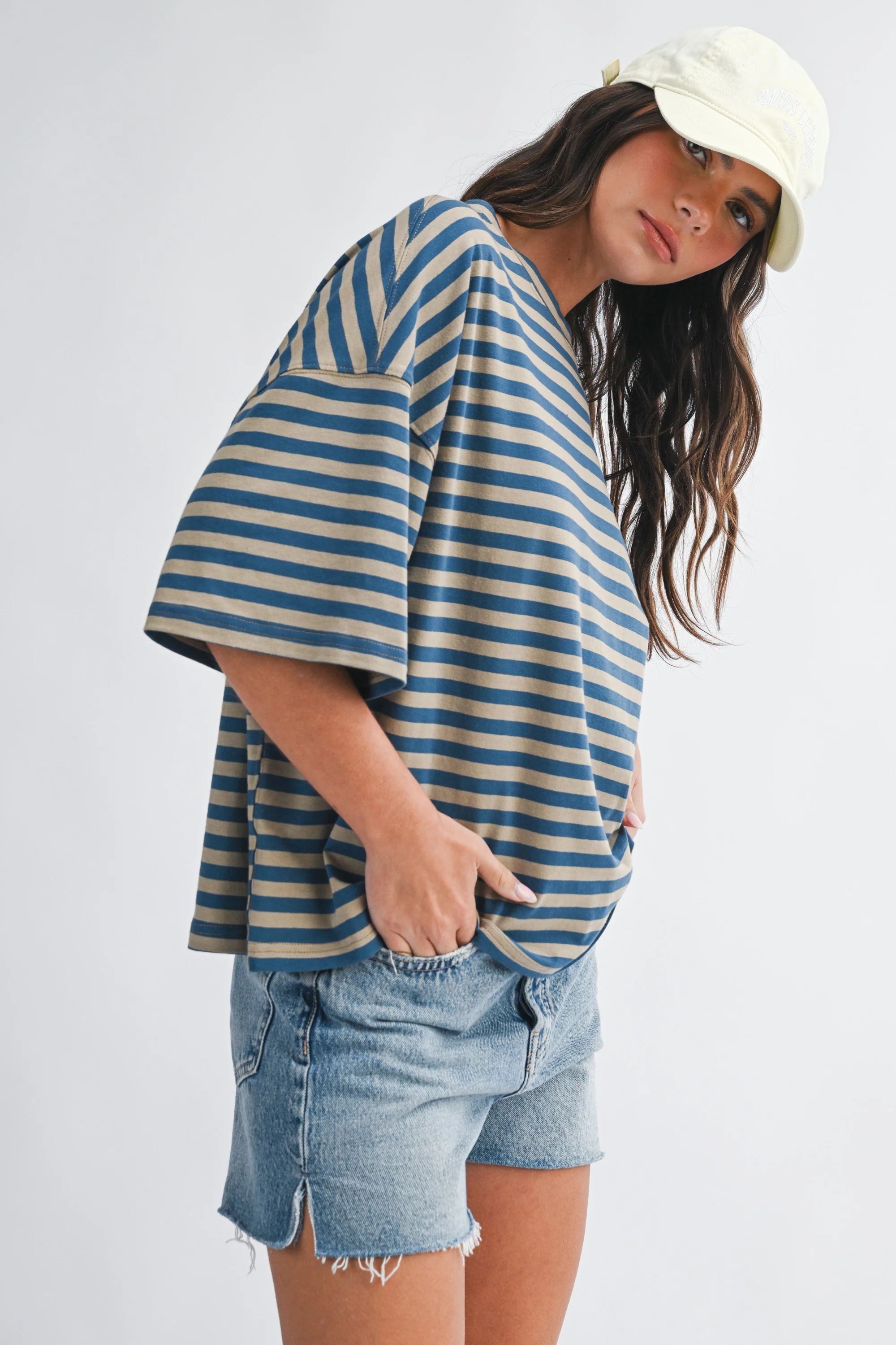 Tan Oversized Striped Boyfriend Tee - Image 3