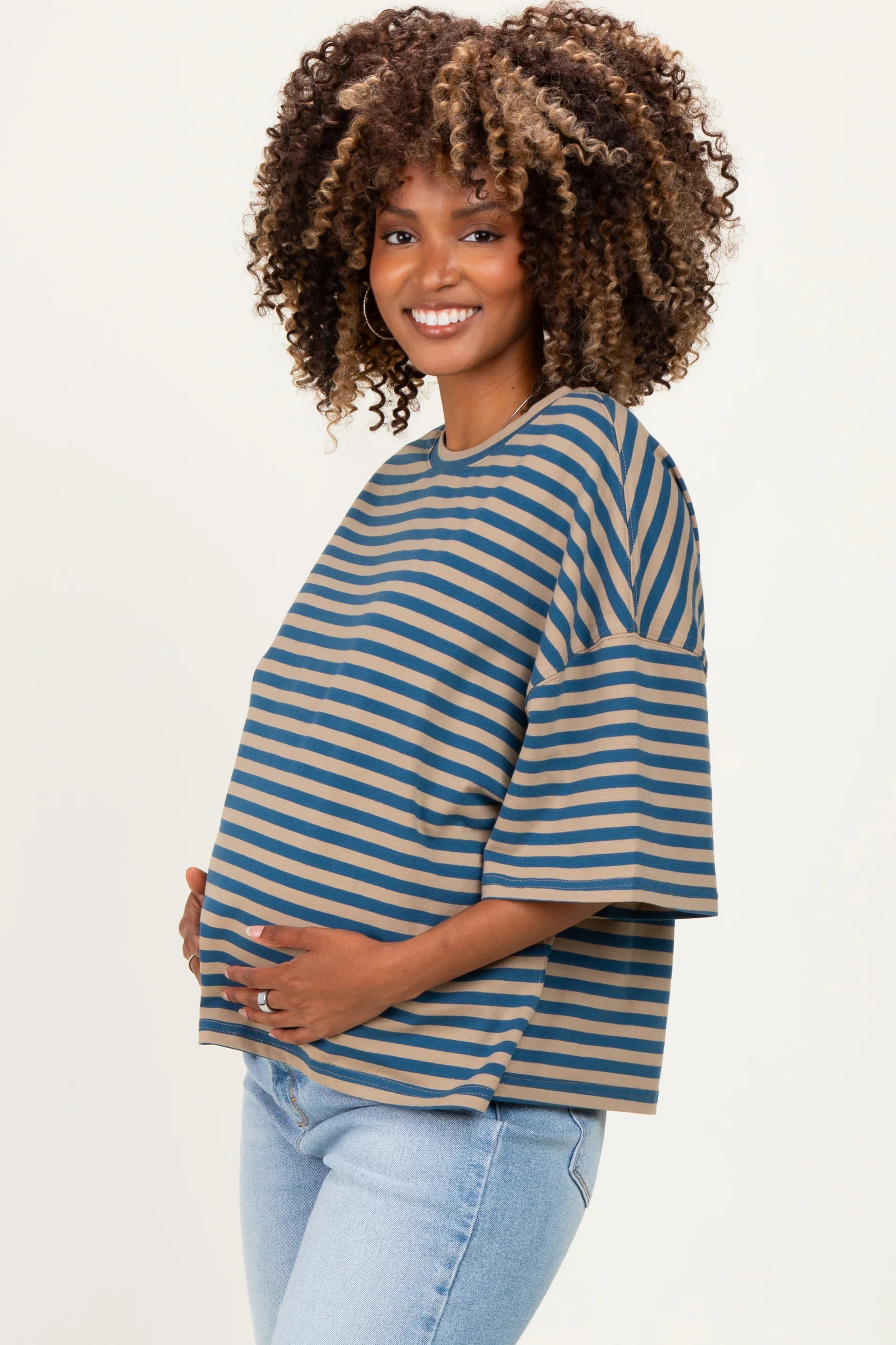 Tan Oversized Striped Maternity Boyfriend Tee - Image 2