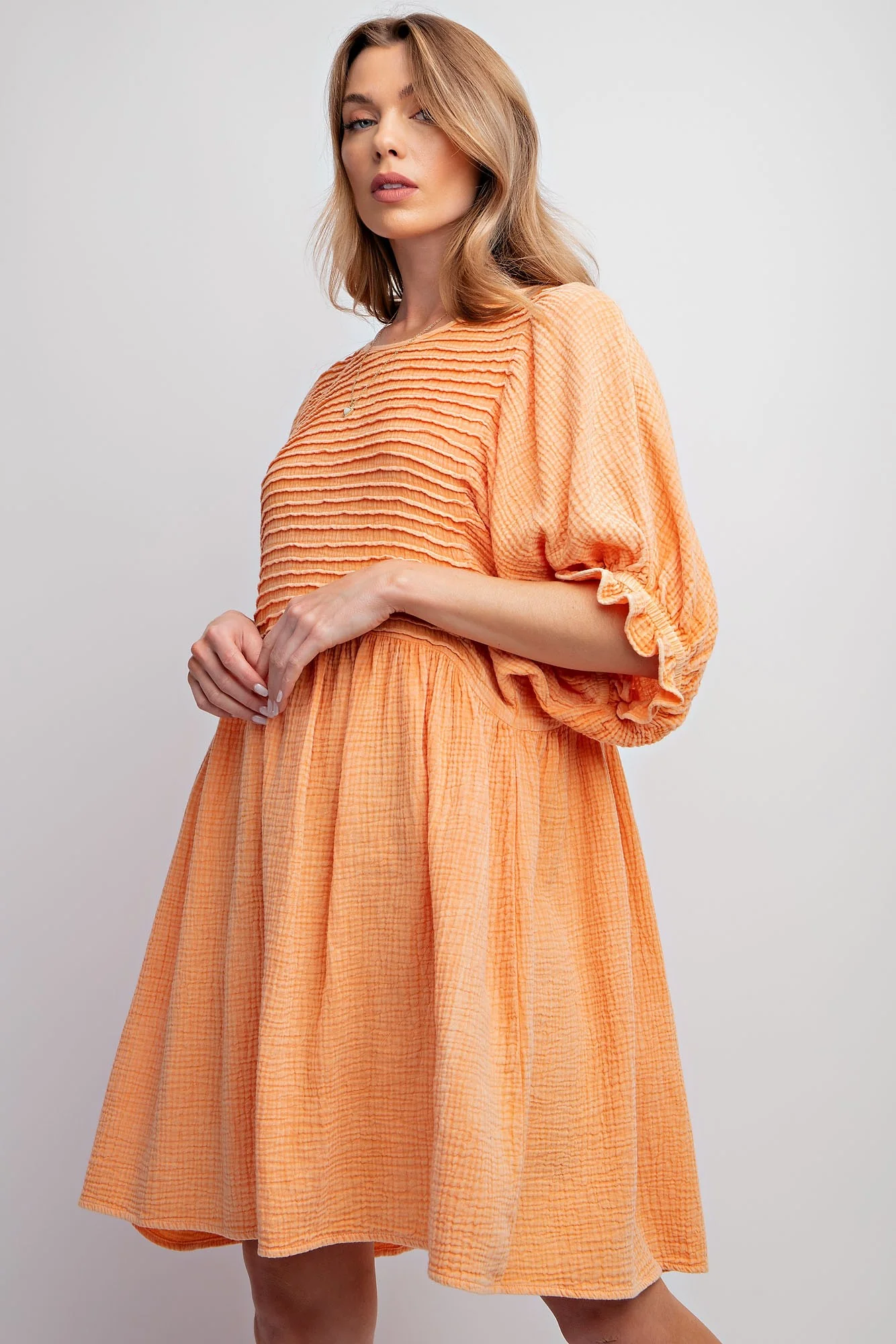Tangerine Pintuck Mineral Washed Cotton Gauze Mini Dress - Image 3