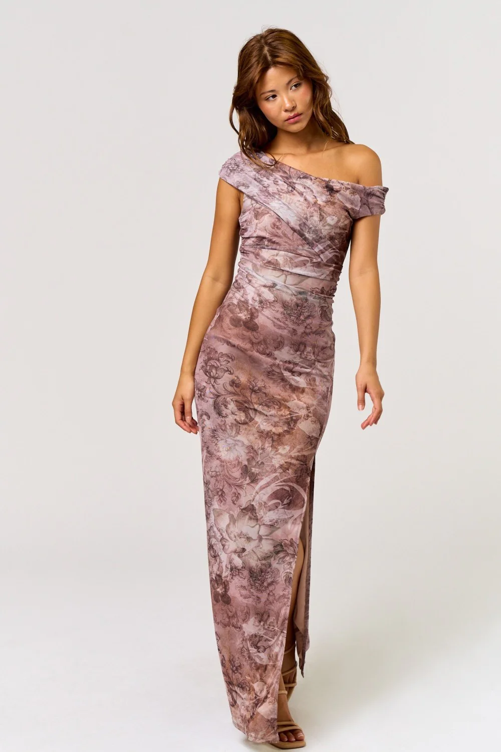 Taupe Asymmetrical Off-Shoulder Maxi Dress - Image 2
