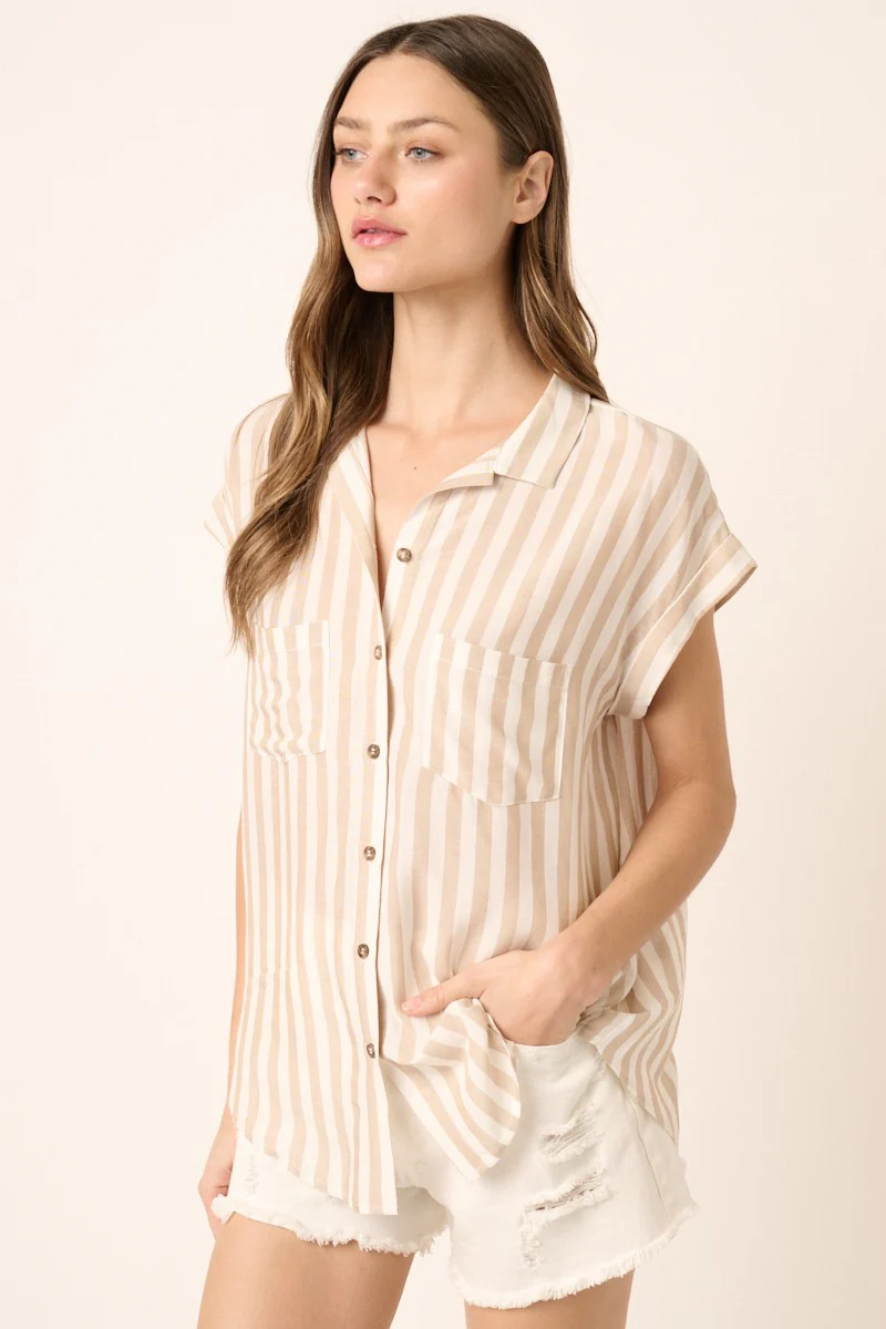 Taupe Button Down Chest Pocket Shirt Top - Image 2
