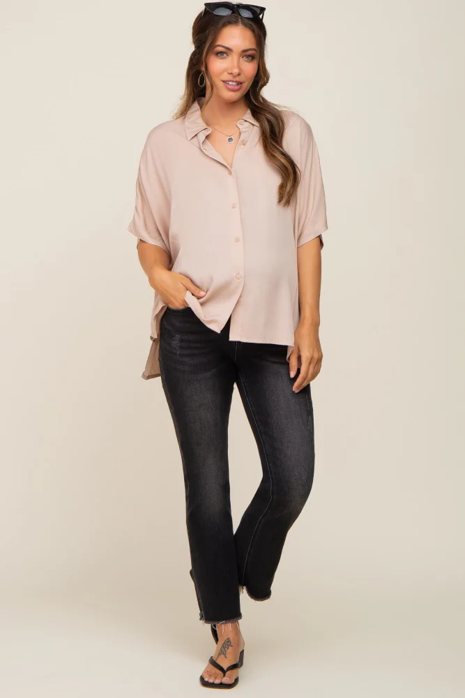 Taupe Button Up Dolman Short Sleeve Maternity Top - Image 4