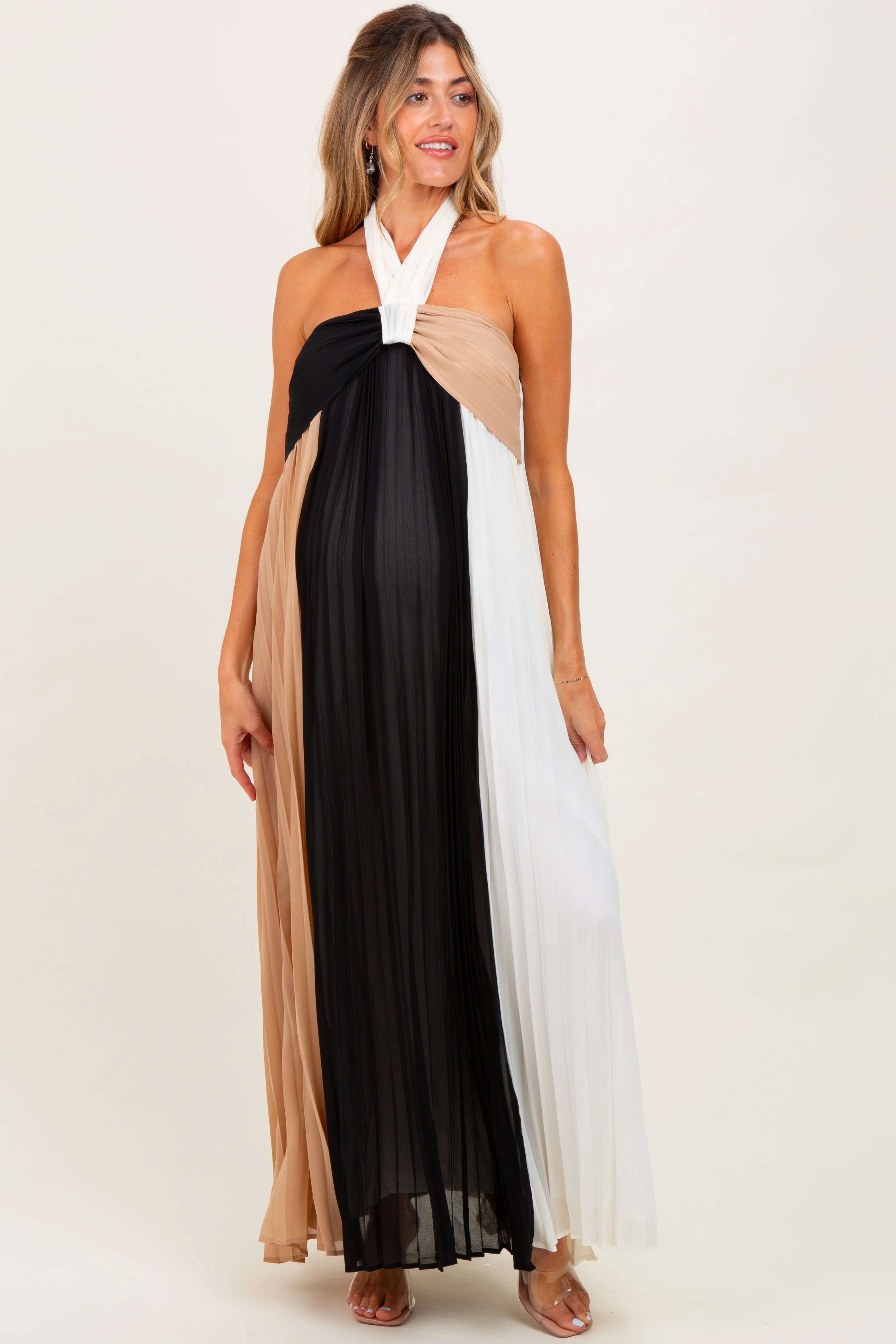 Taupe Colorblock Pleated Halter Neck Maternity Maxi Dress - Image 2