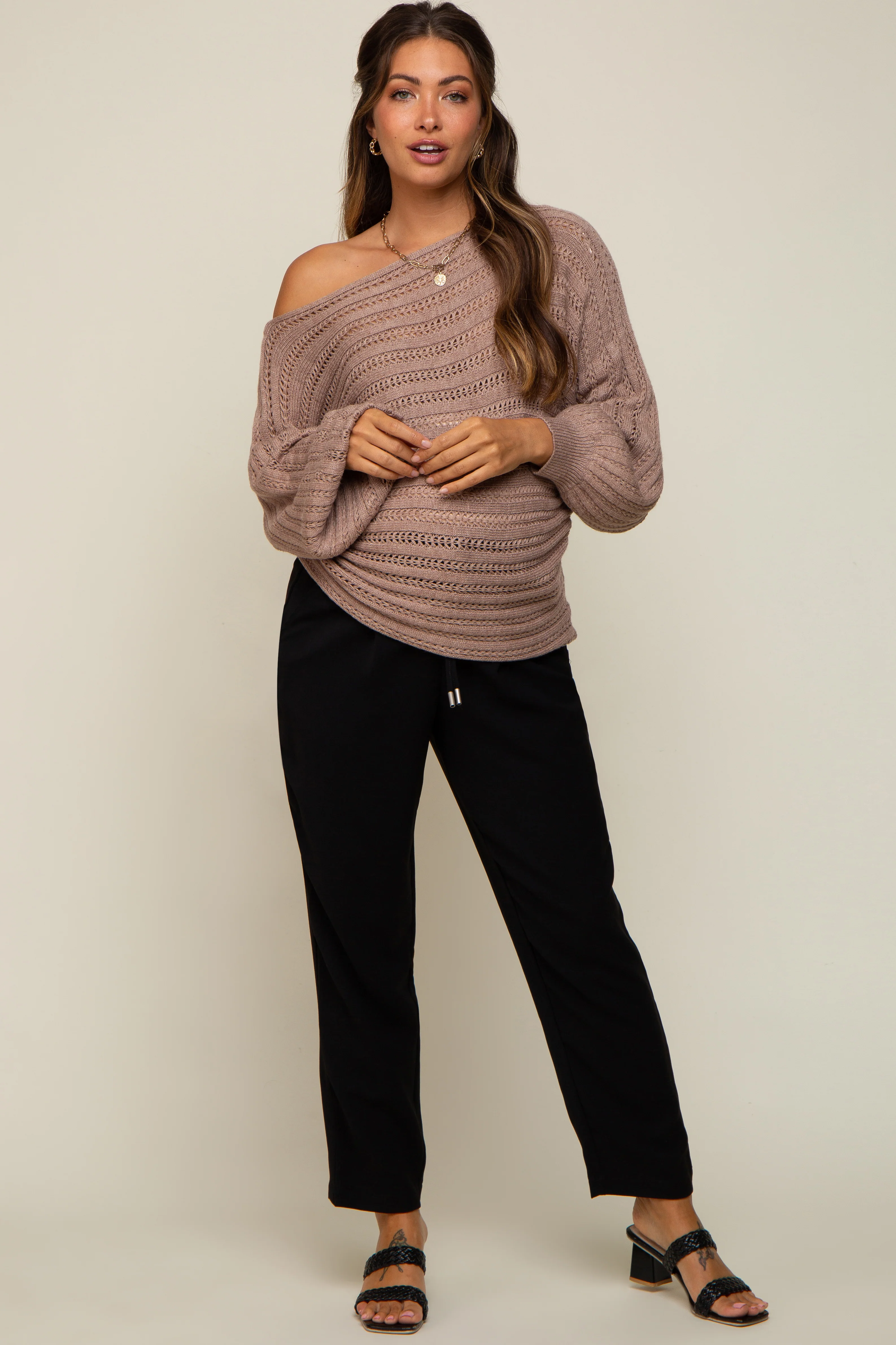 Taupe Crochet Dolman Sleeve Maternity Sweater - Image 7