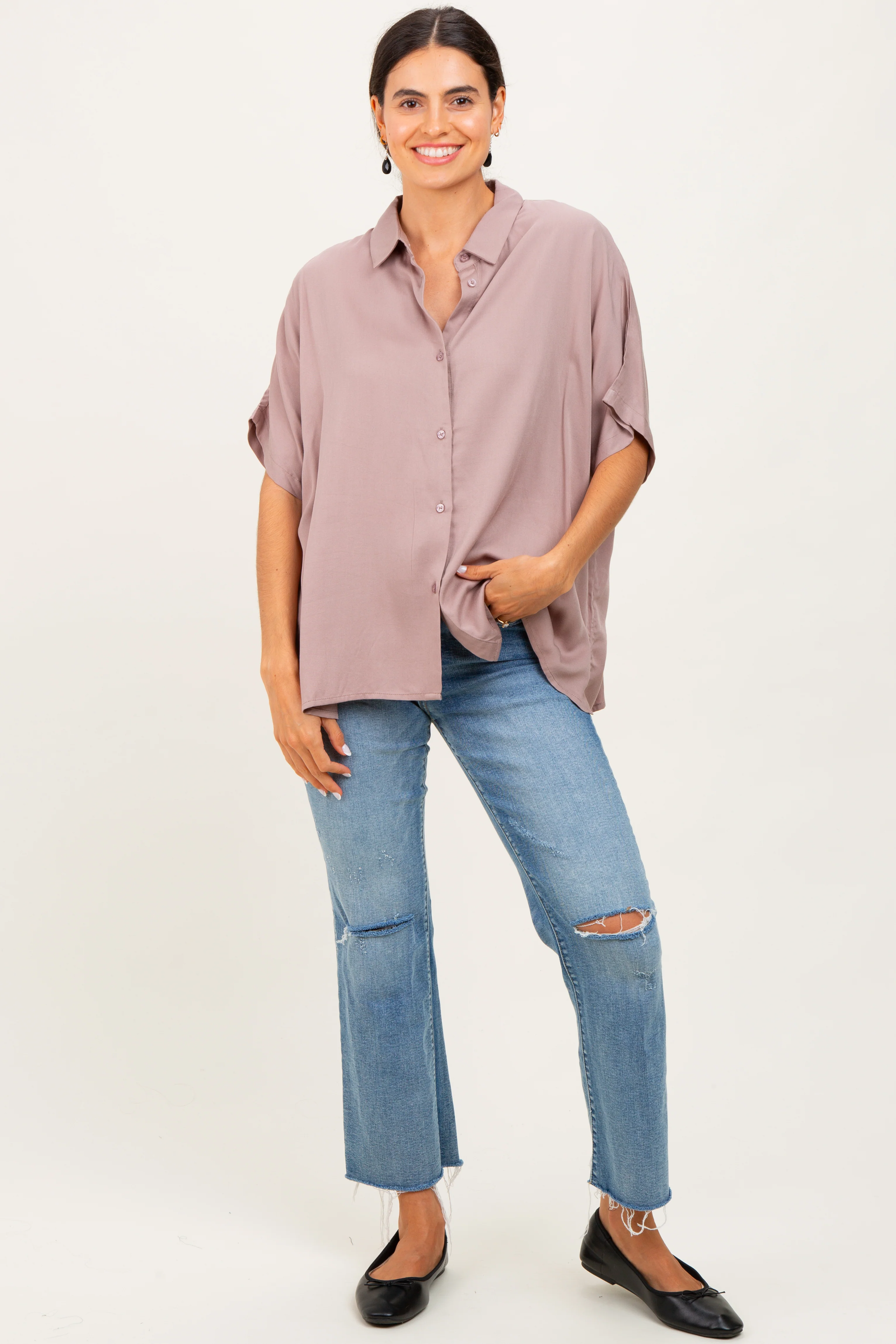 Taupe Dolman Sleeve Button Down Blouse - Image 4