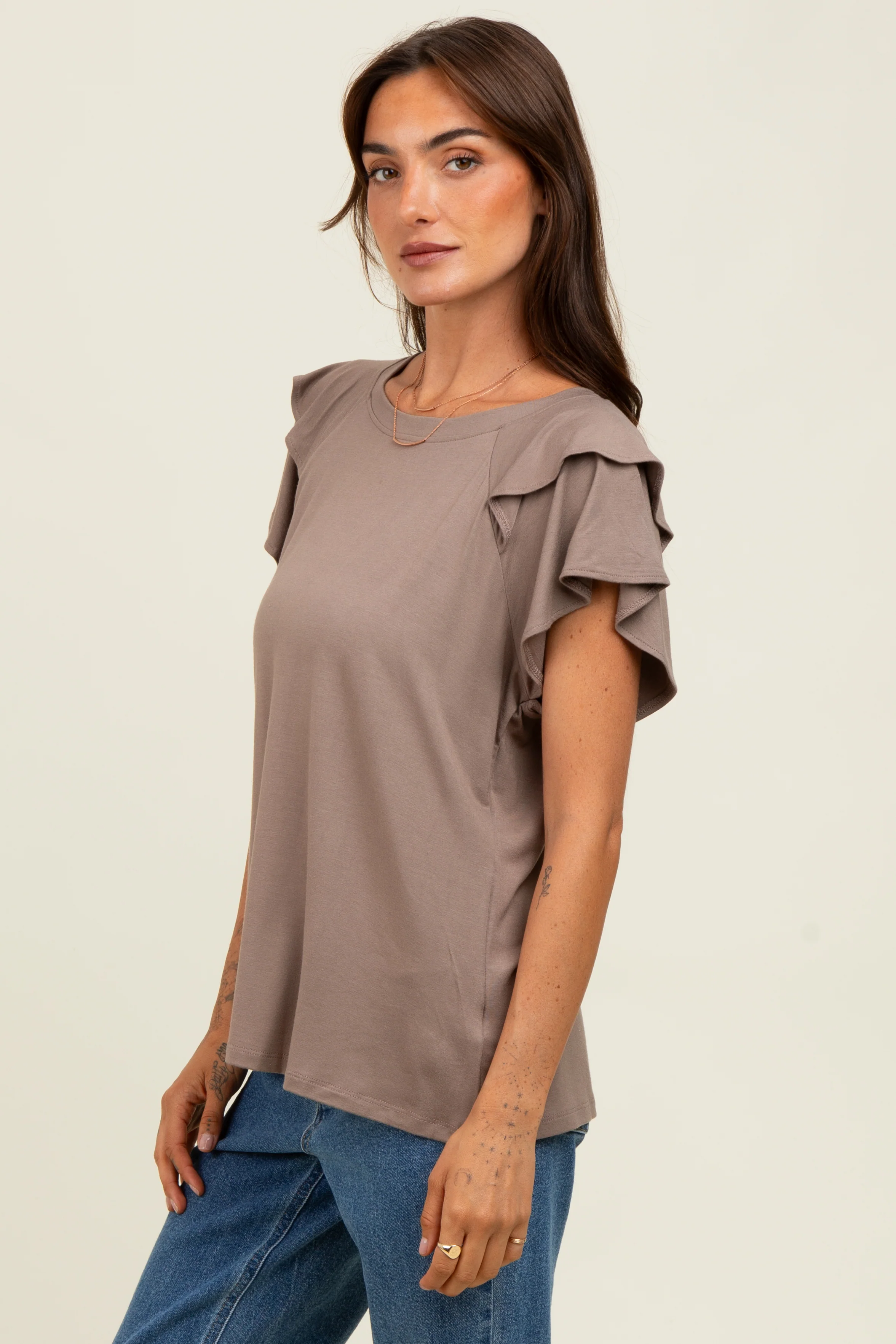 Taupe Double Ruffle Sleeve T-Shirt - Image 3