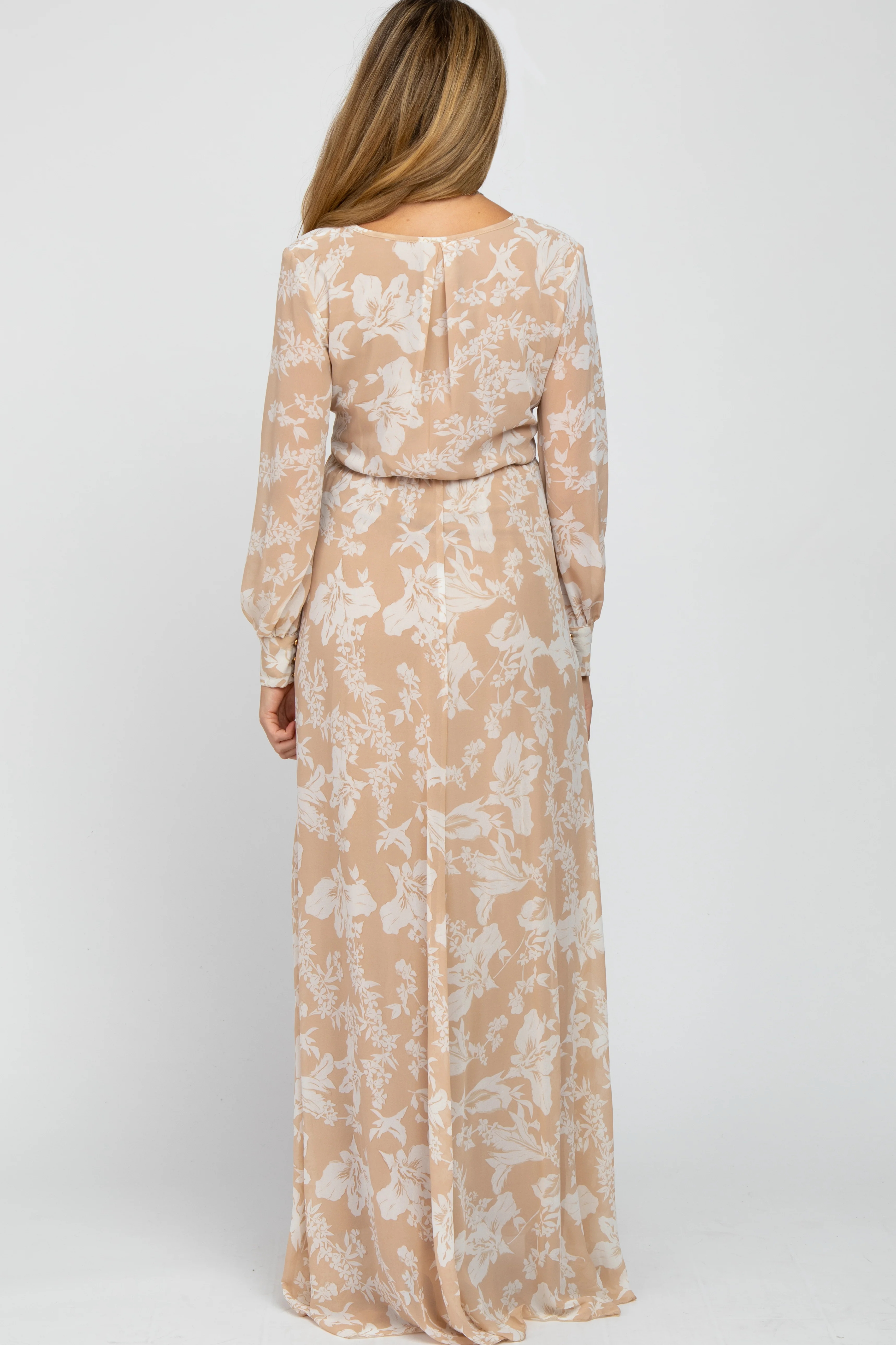 Taupe Floral Chiffon Maternity Maxi Dress - Image 3